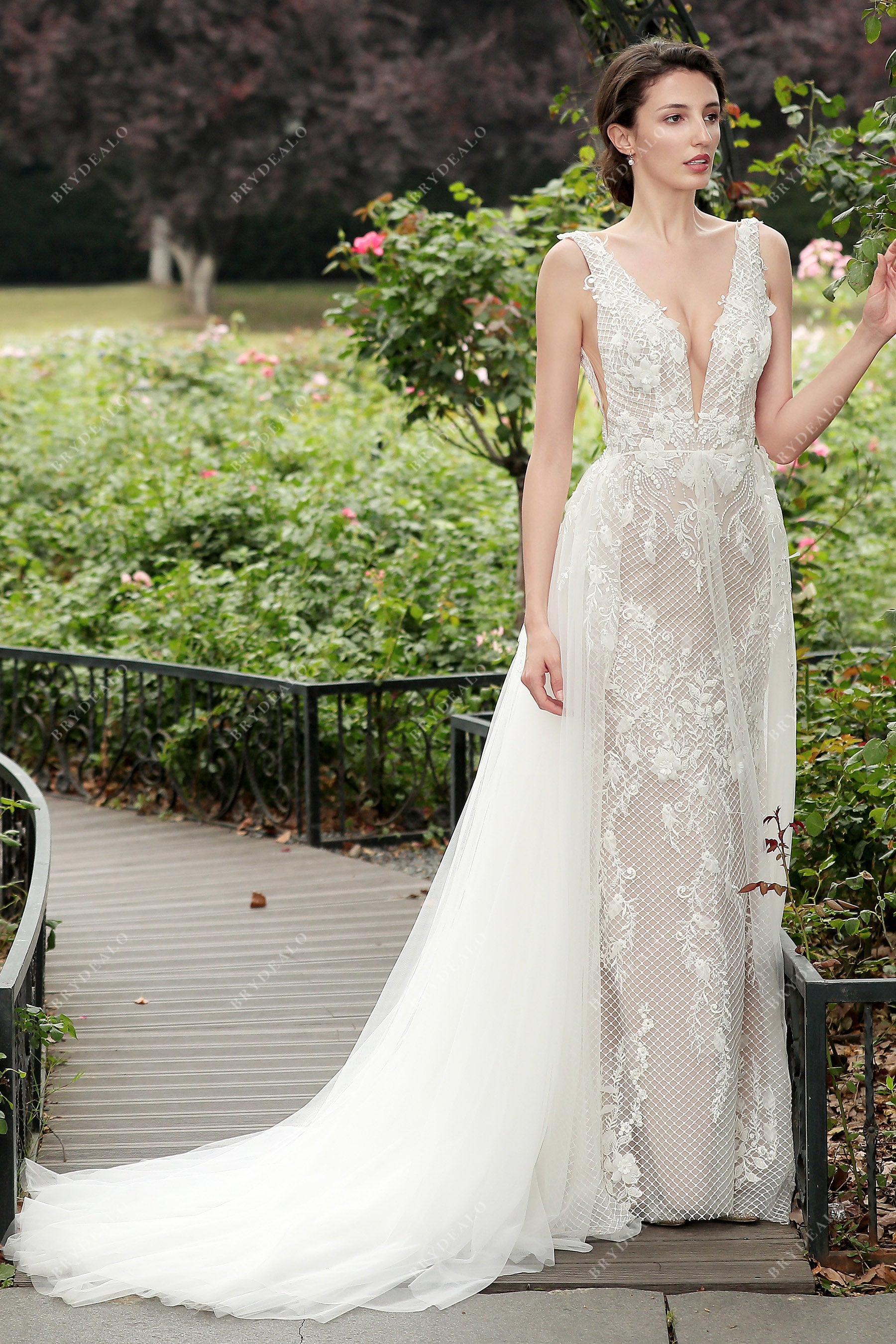 2-in-1 Beaded Floral Lace Mermaid Wedding Dress Beige Nude 2-in-1 Beaded Floral Lace Mermaid Wedding Dress Beige Nude