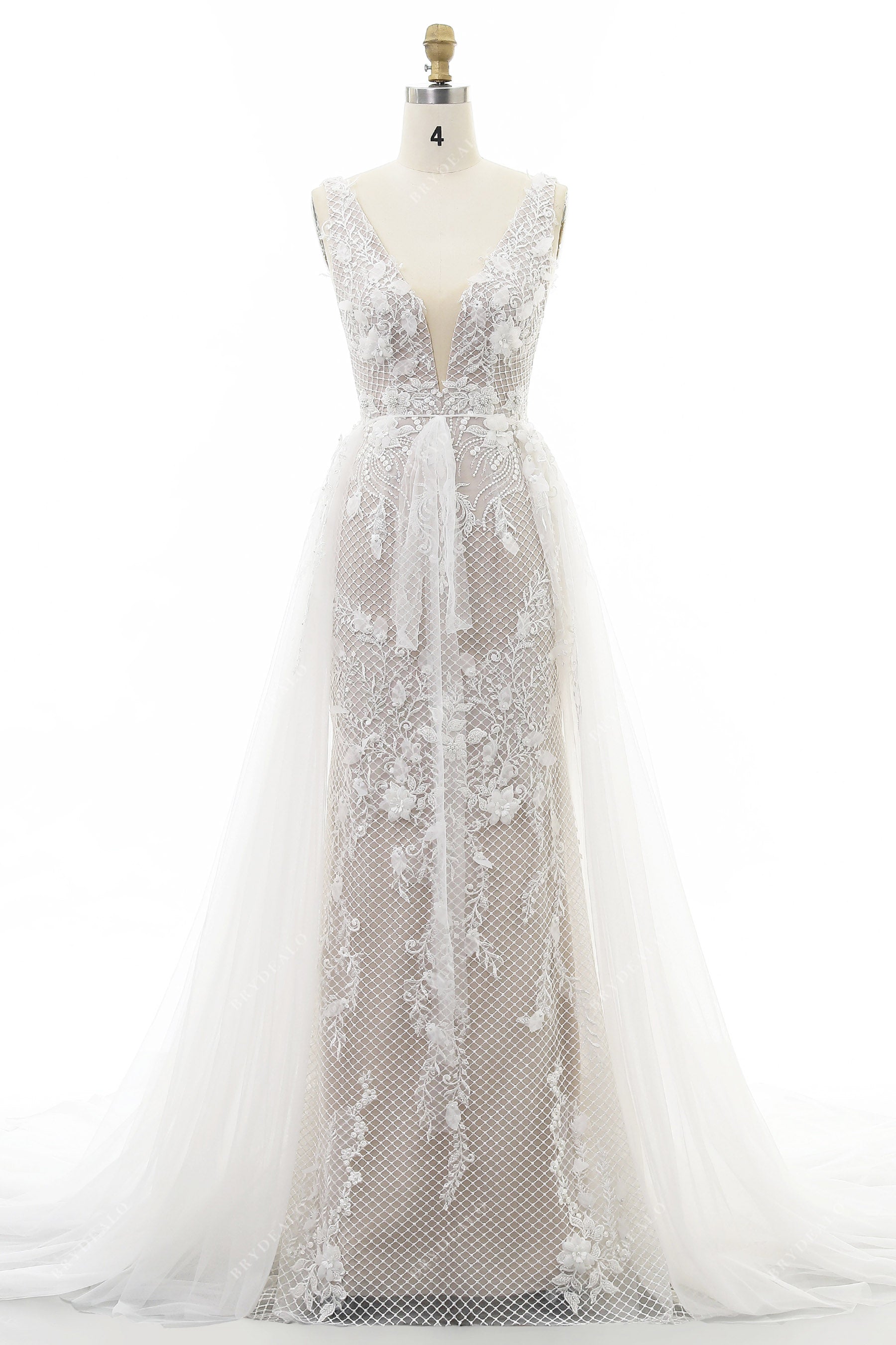 sleeveless plunging neck lace mermaid bridal dress with overskirt