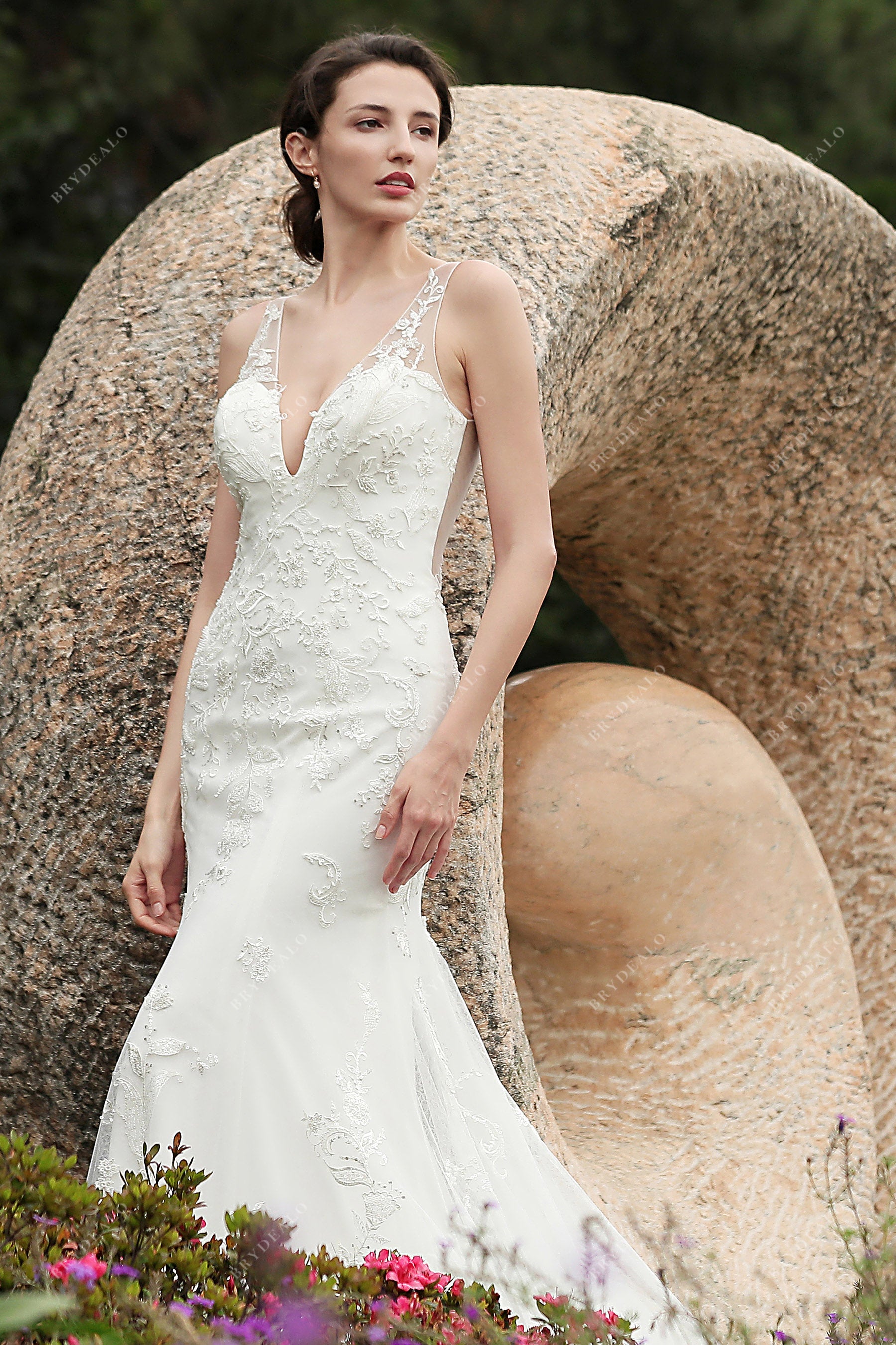 beaded floral lace plunging wedding dress