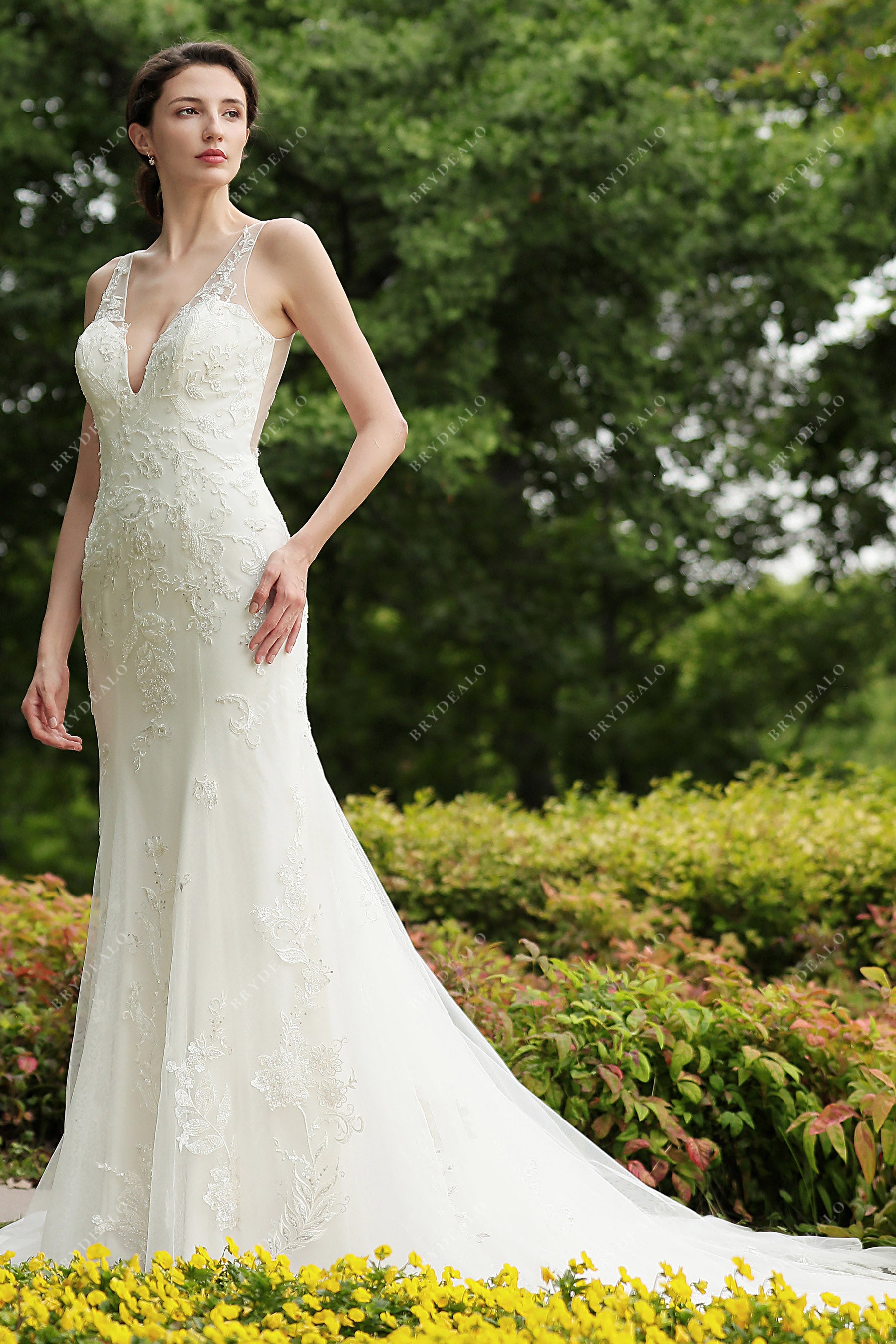 beaded floral lace v-neck wedding dress