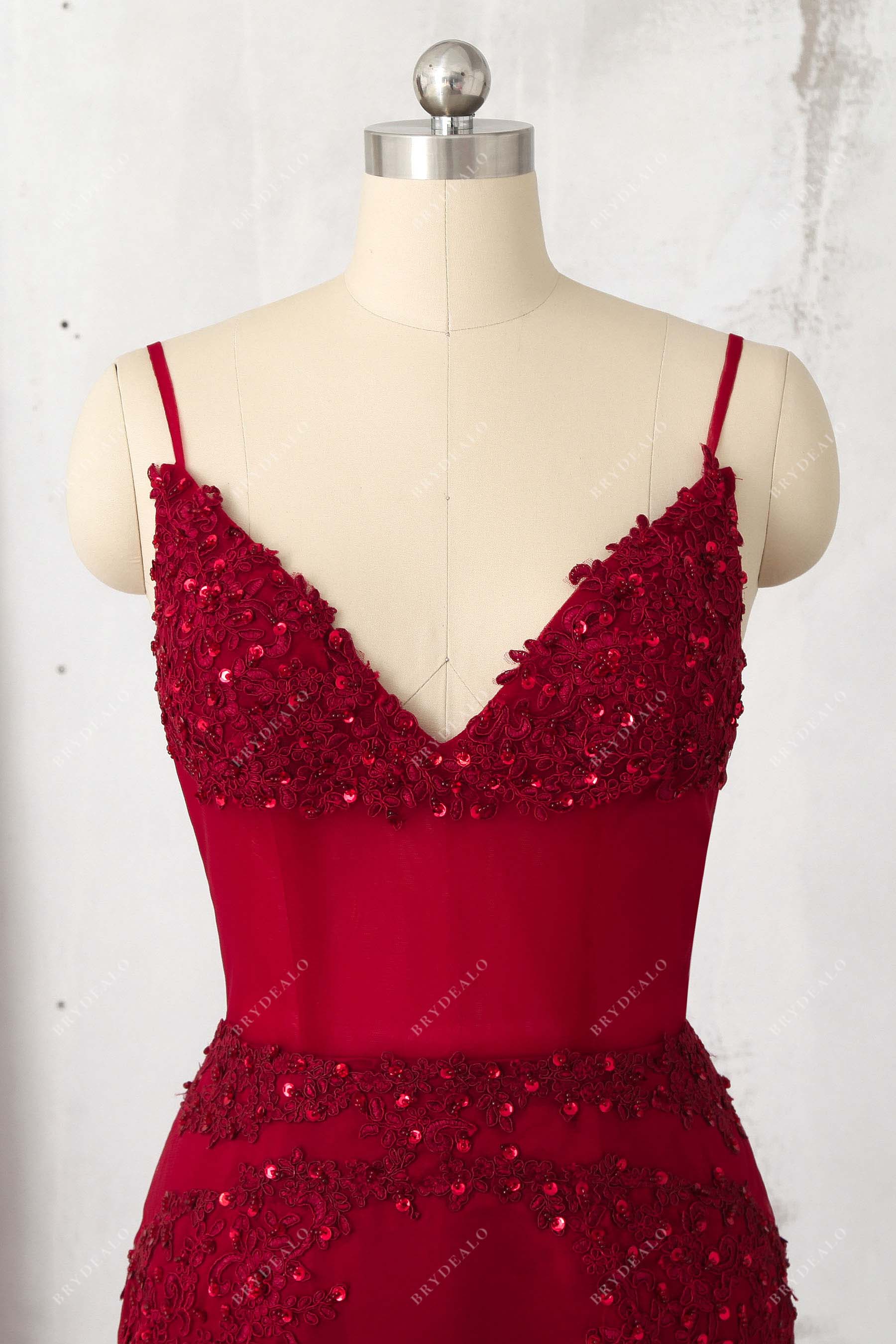 beaded lace V-neck thin straps prom dress