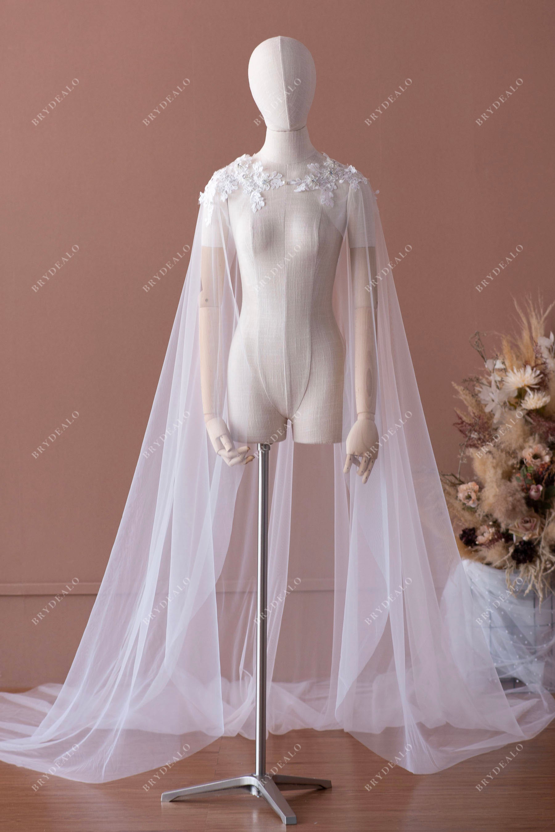 beaded lace long bridal cape