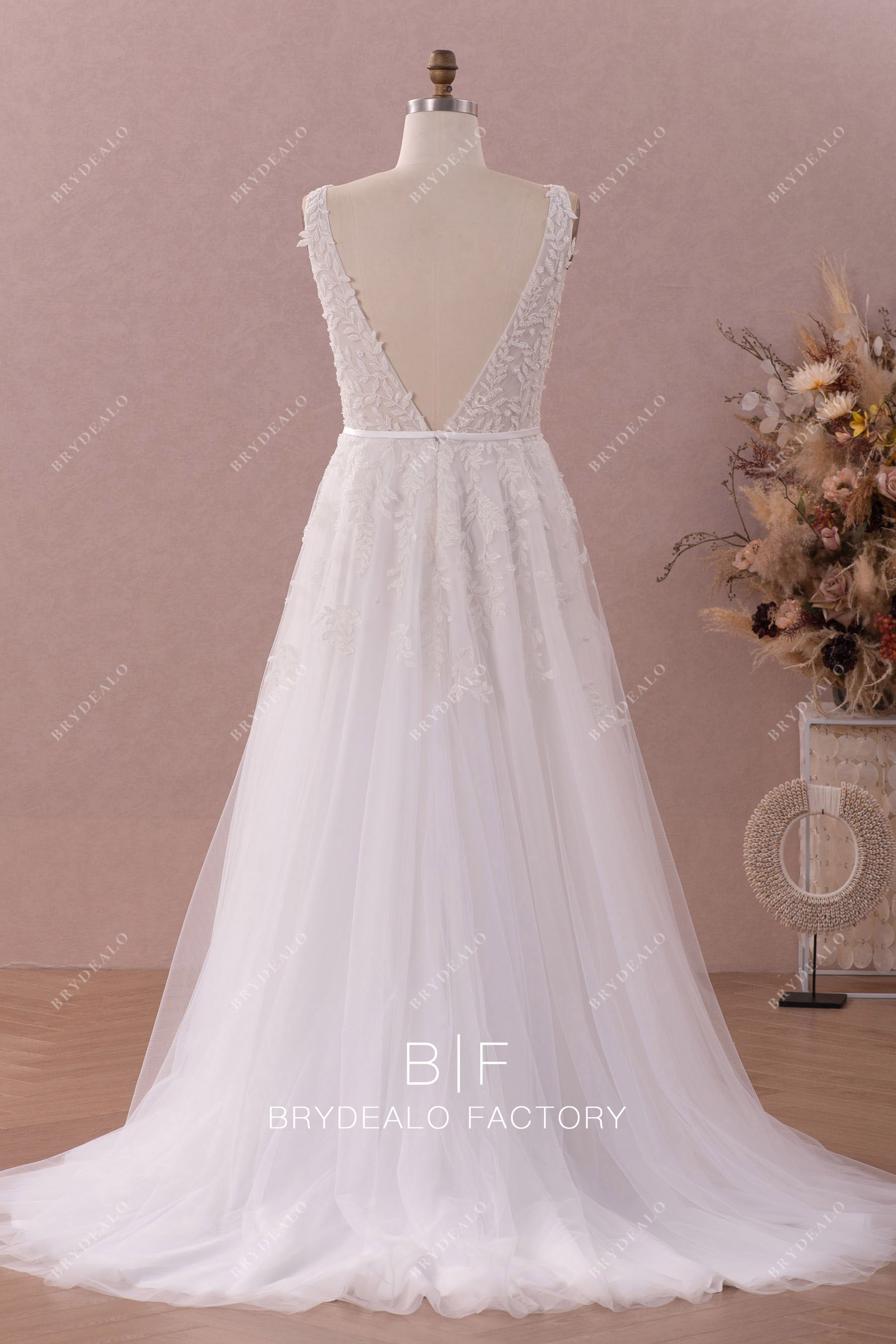 beaded lace open back tulle wedding dress