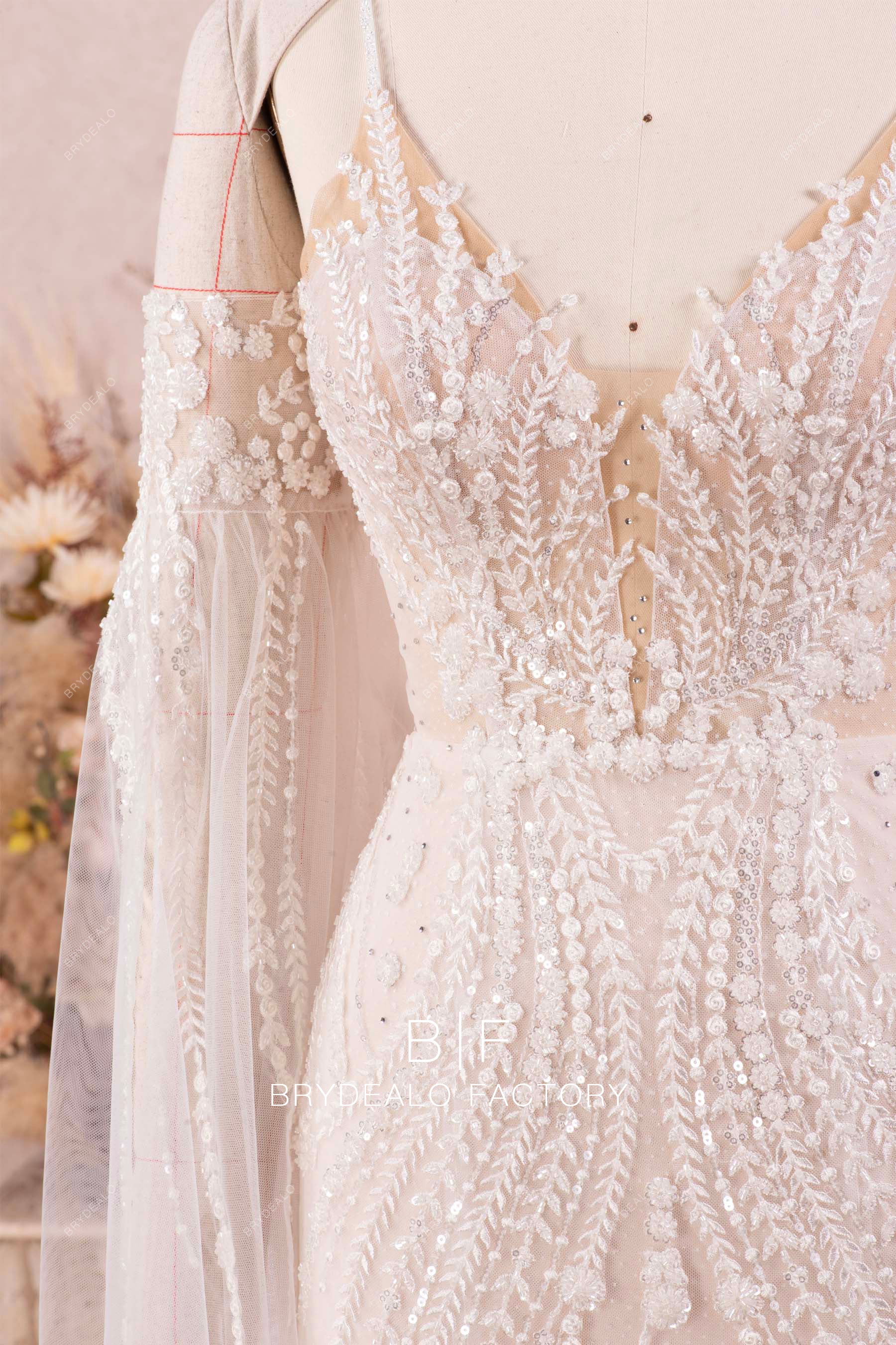 beaded lace plunging wedding dress