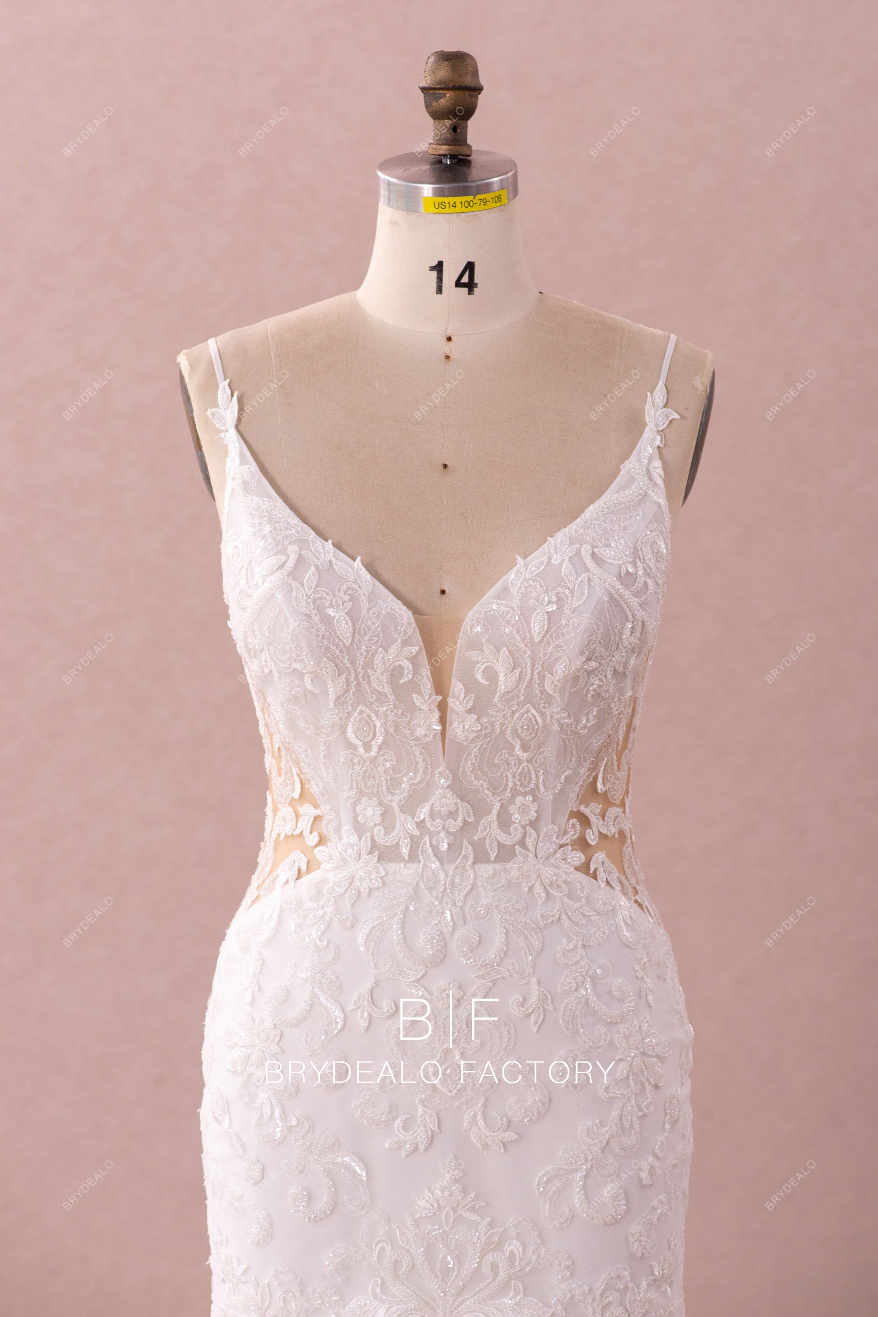 beaded lace plunging wedding dress