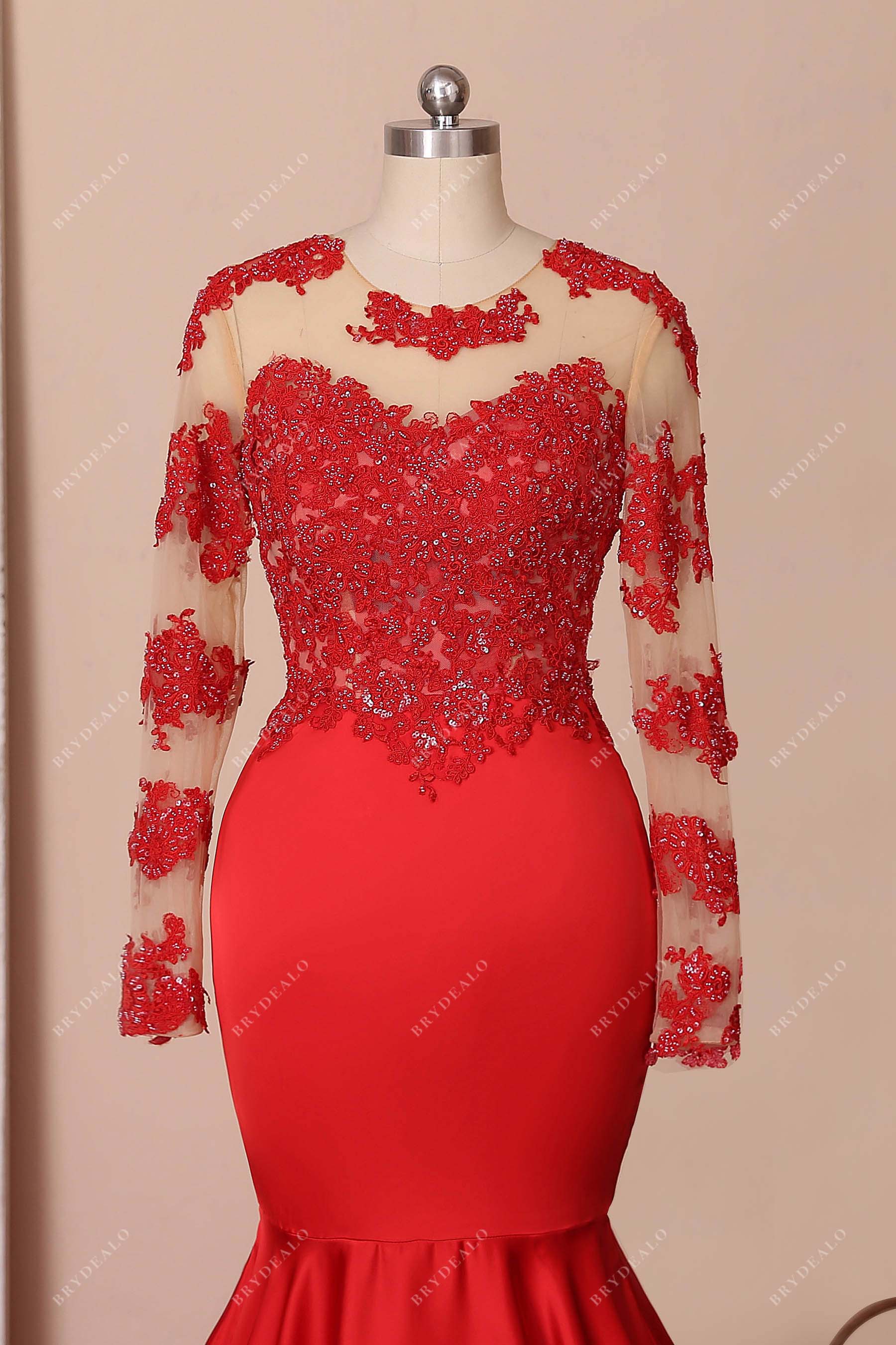 beaded lace sheer long sleeves dress