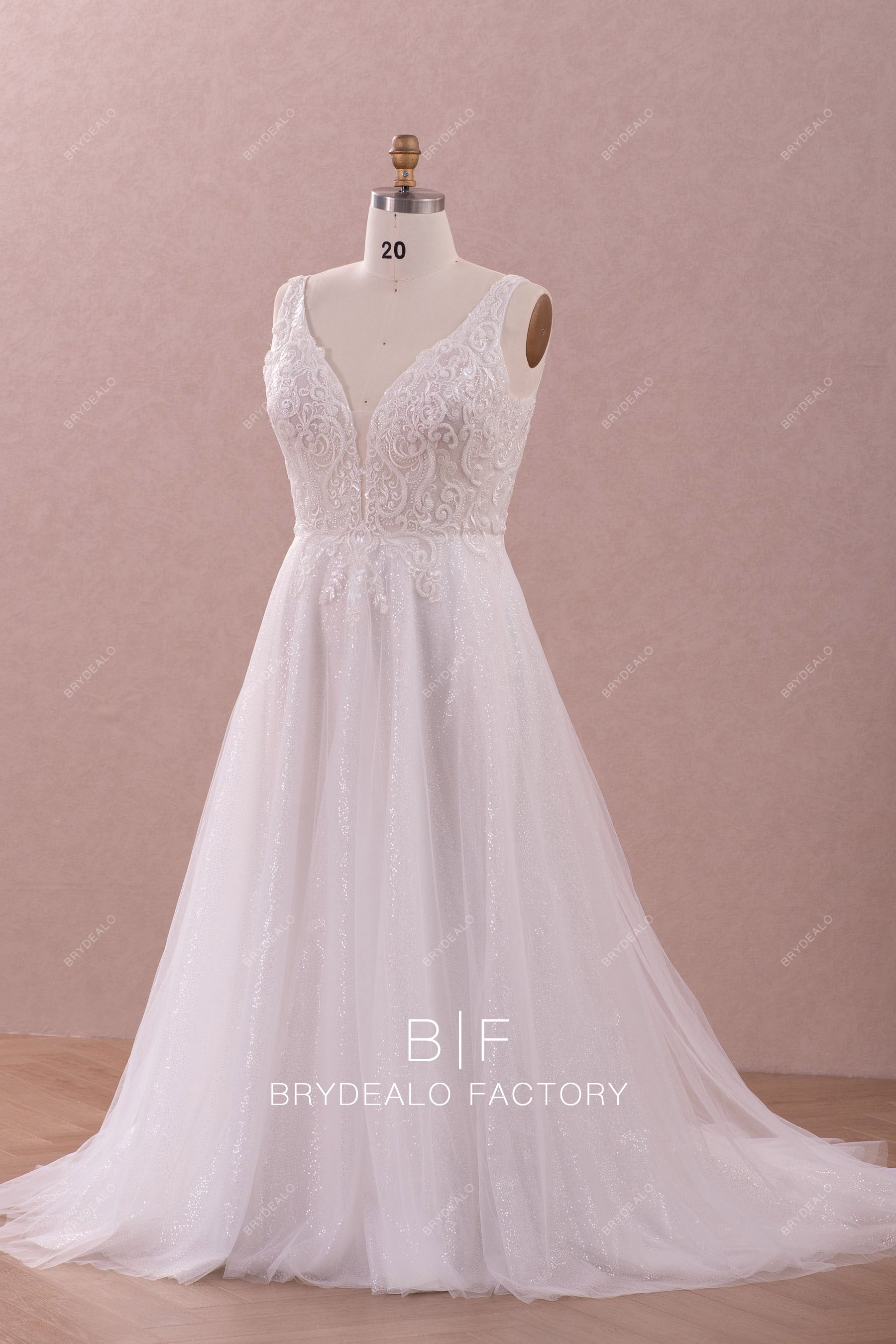 beaded lace straps glitter tulle wedding gown