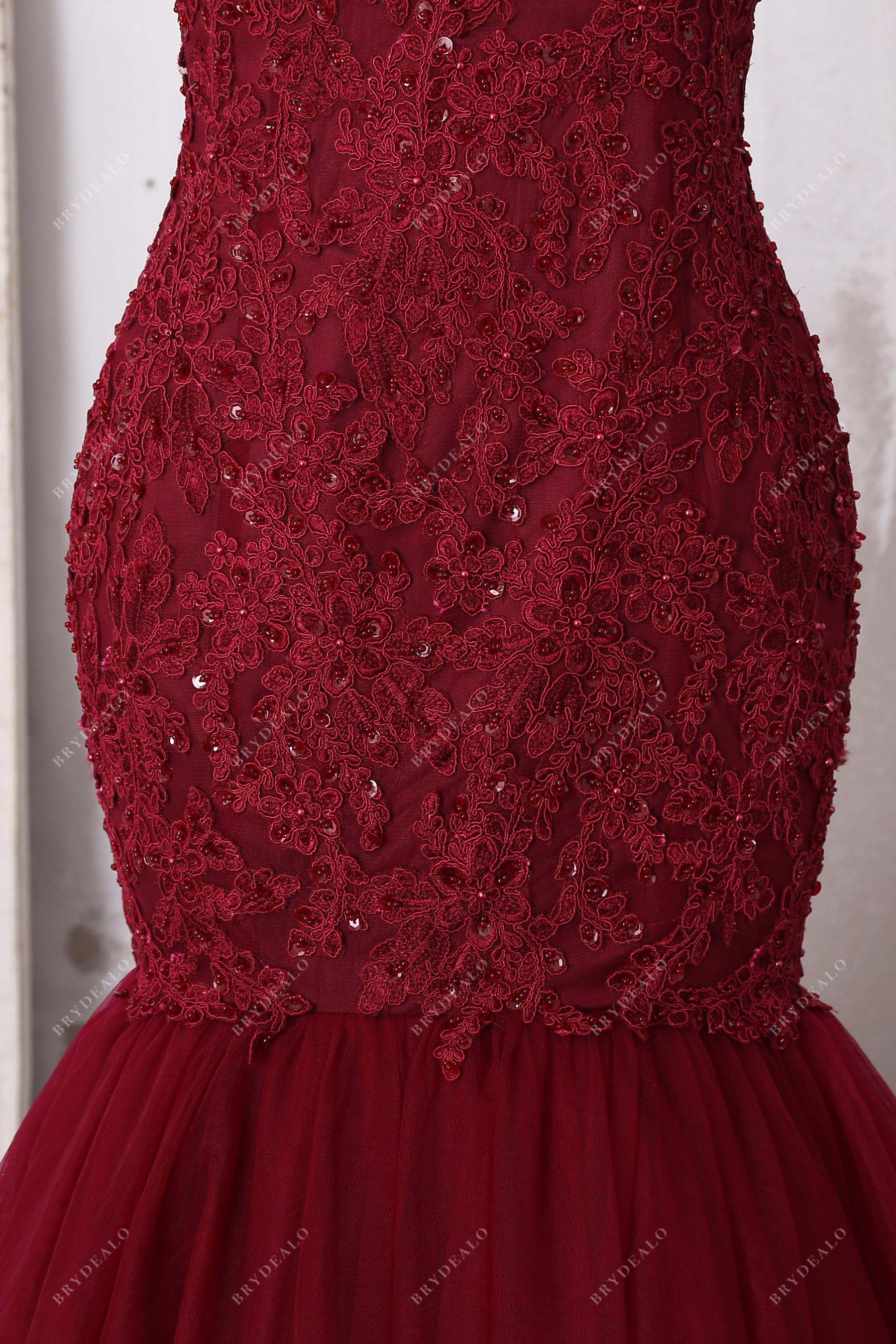 beaded lace tulle burgundy prom dress