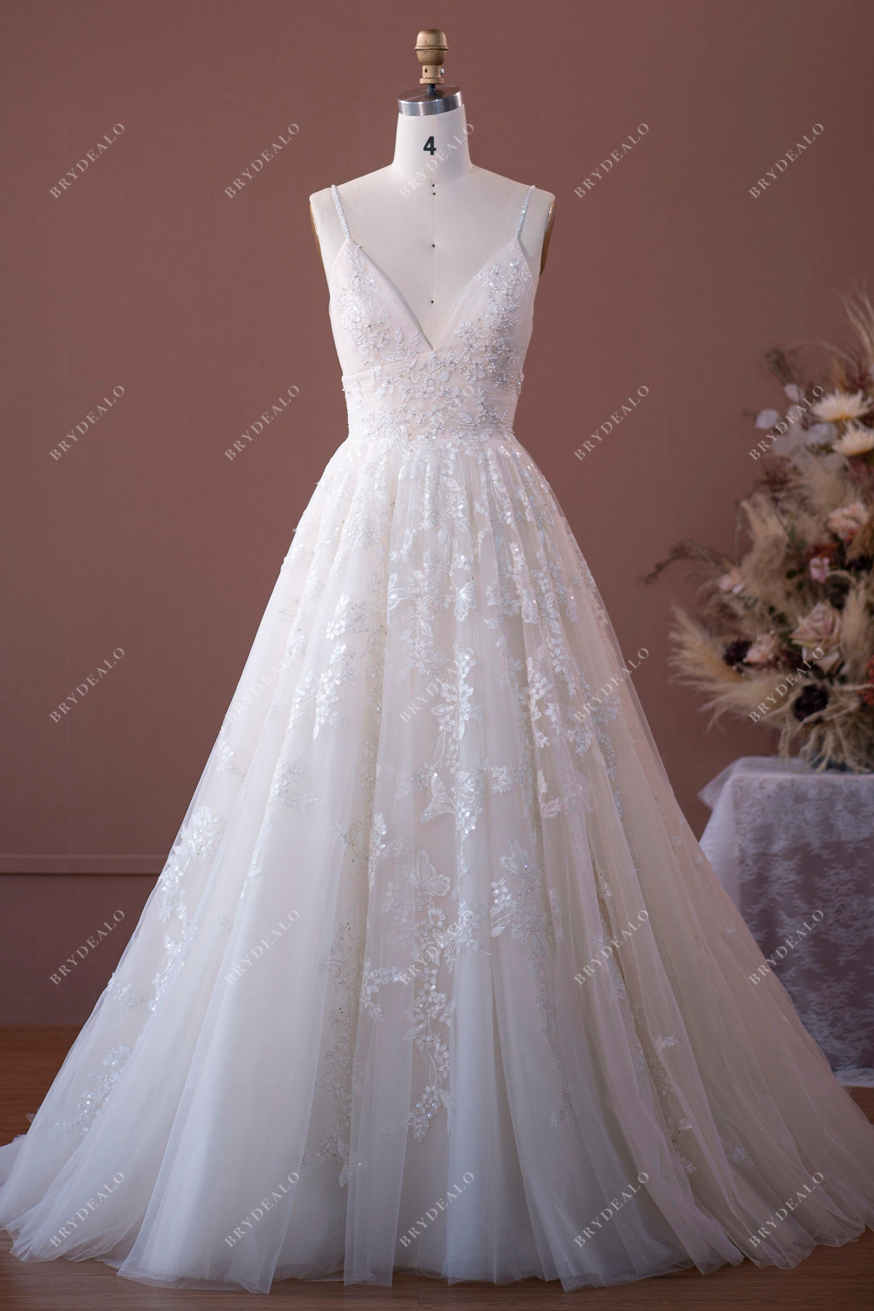 Empire Spaghetti Strap Floral A-line Wedding Dress