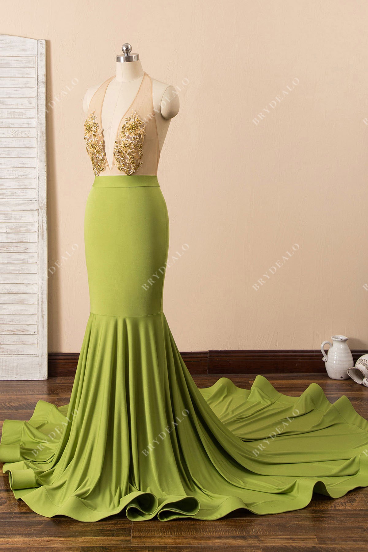 Beaded Moss Green Jersey Mermaid Prom Gown