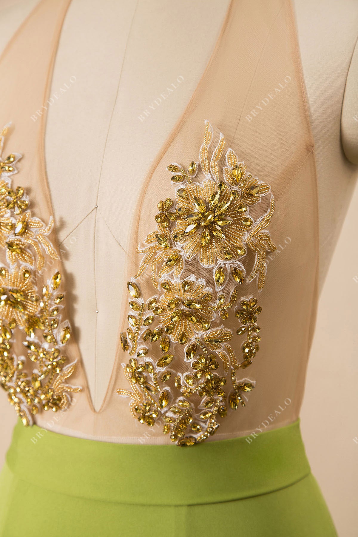 Beaded Gold Lace Green Jersey Mermaid Prom Dress