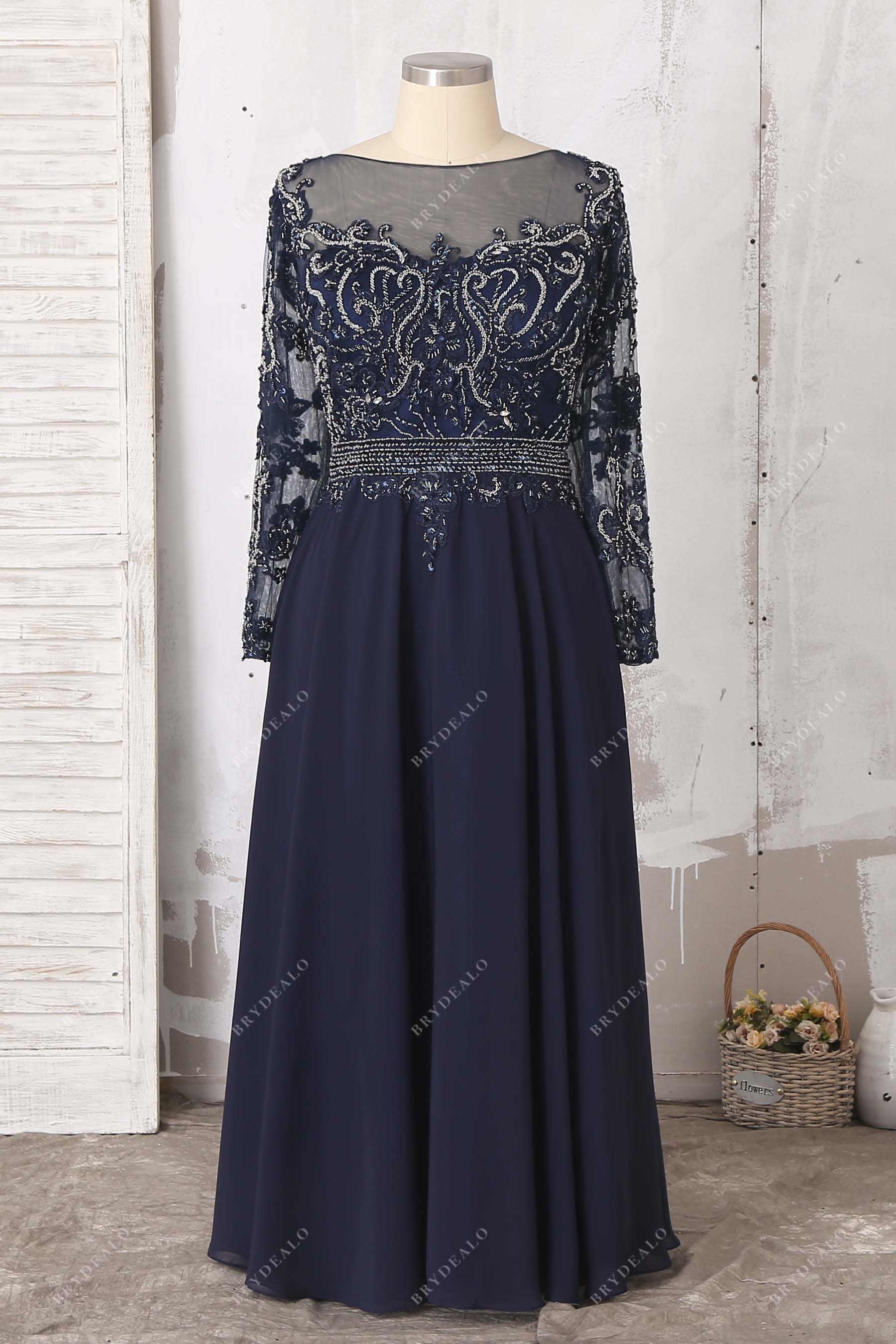 Beaded Lace Navy Chiffon Sleeved Plus Size Prom Dress Beaded Lace Navy Chiffon Sleeved Plus Size Prom Dress