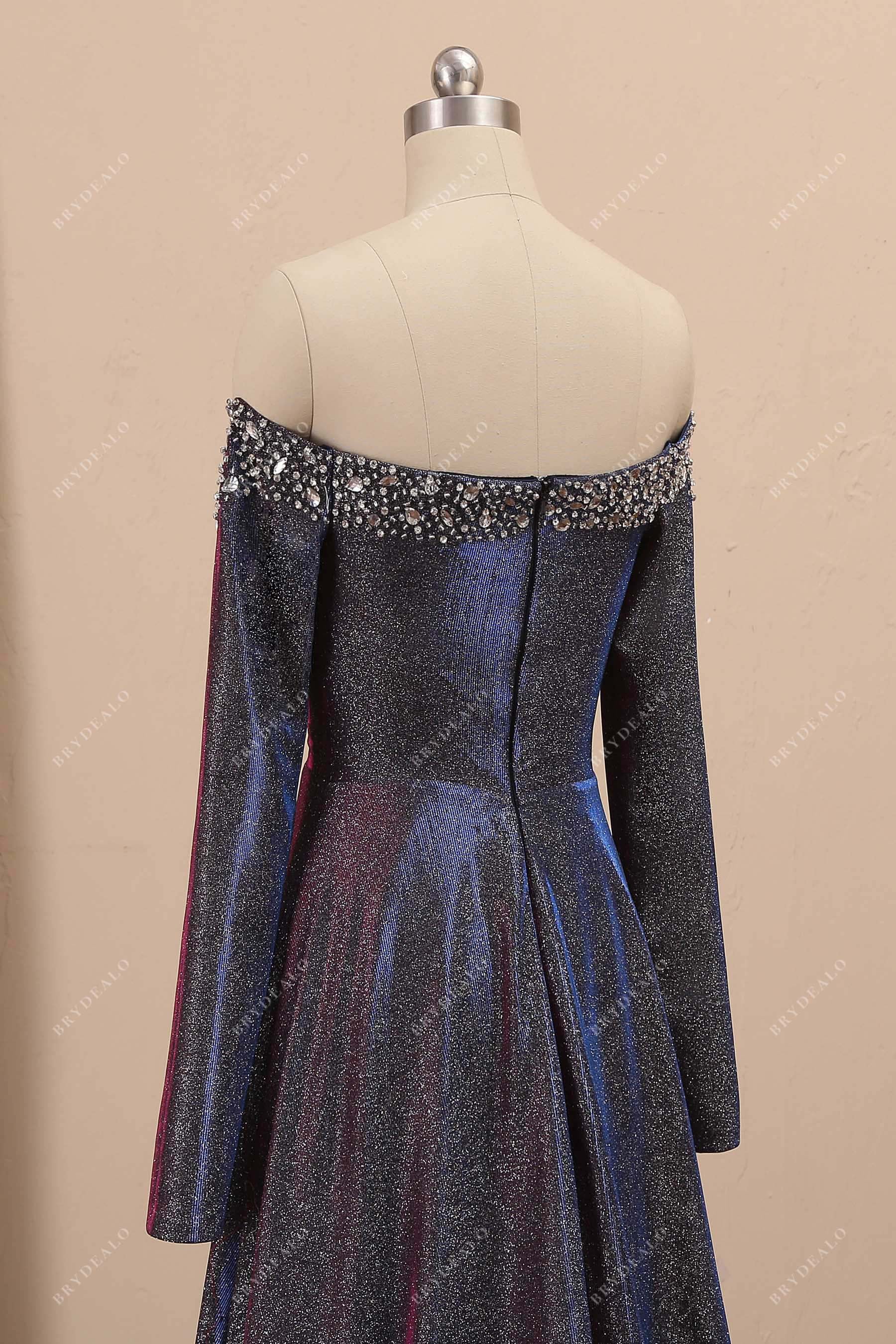 beaded off-shoulder long sleeve gown