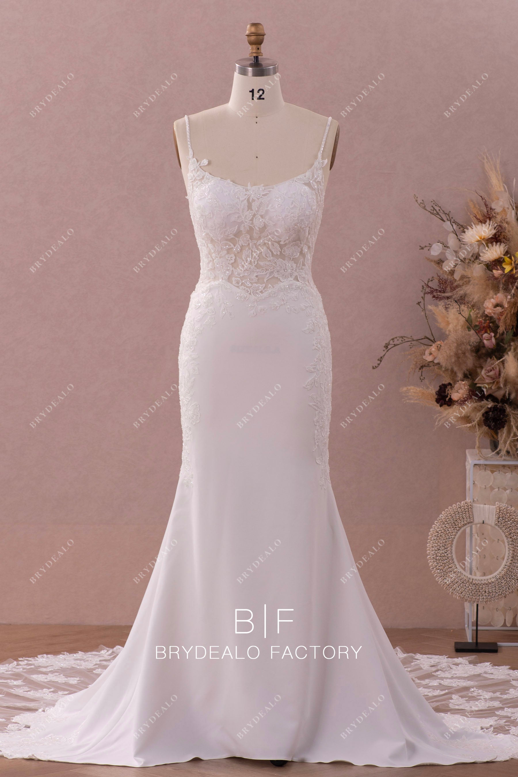 beaded straps lace crepe mermaid wedding dress