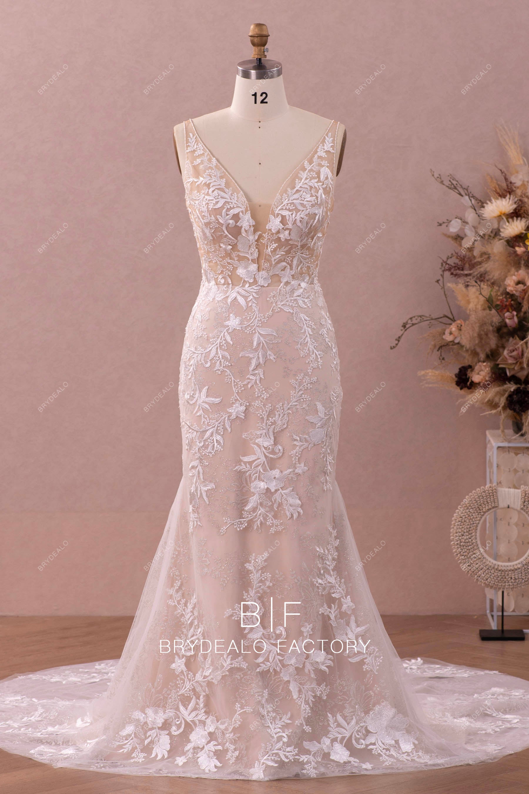 beaded straps lace mermaid wedding dress