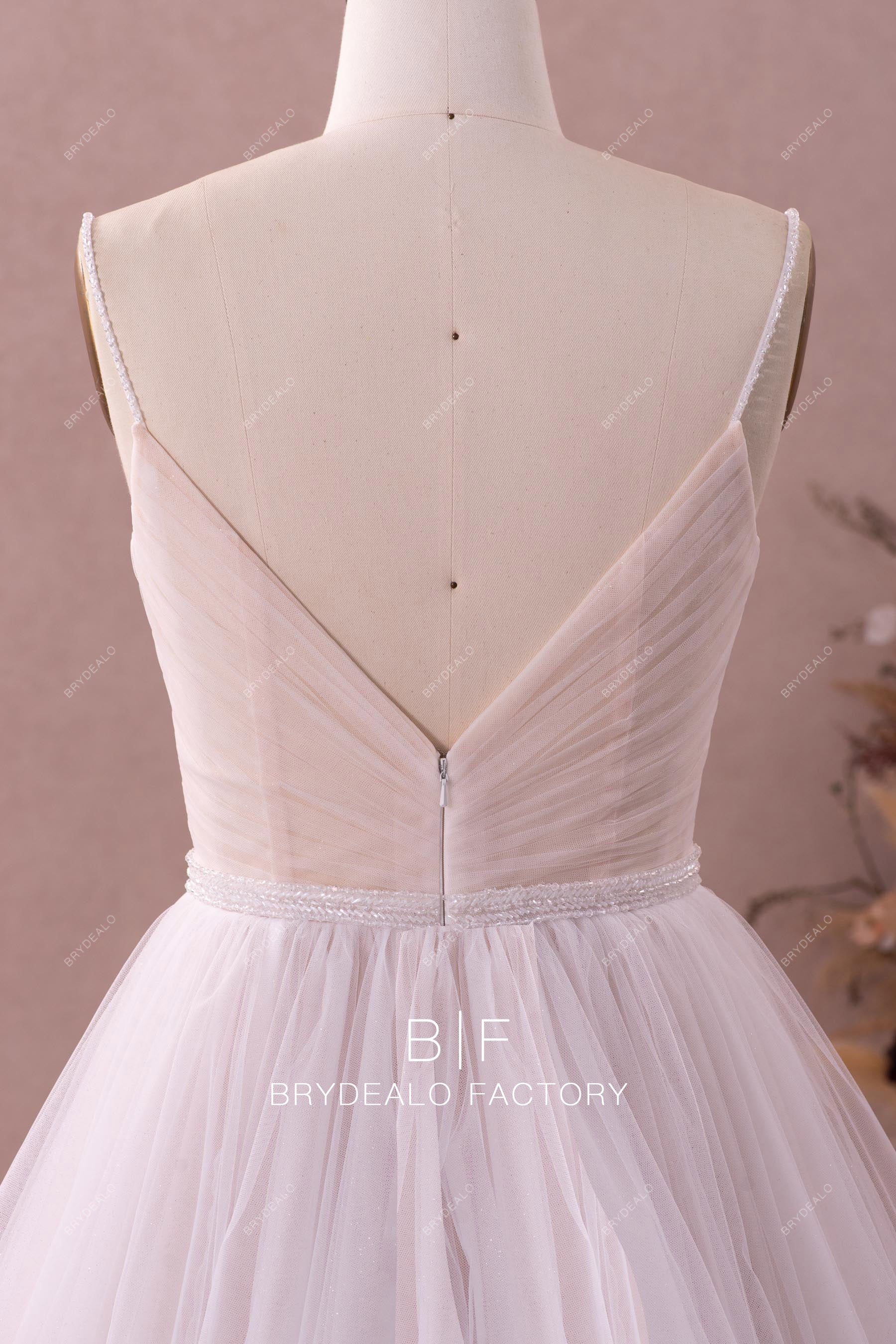 beaded straps pleated v-back wedding dress
