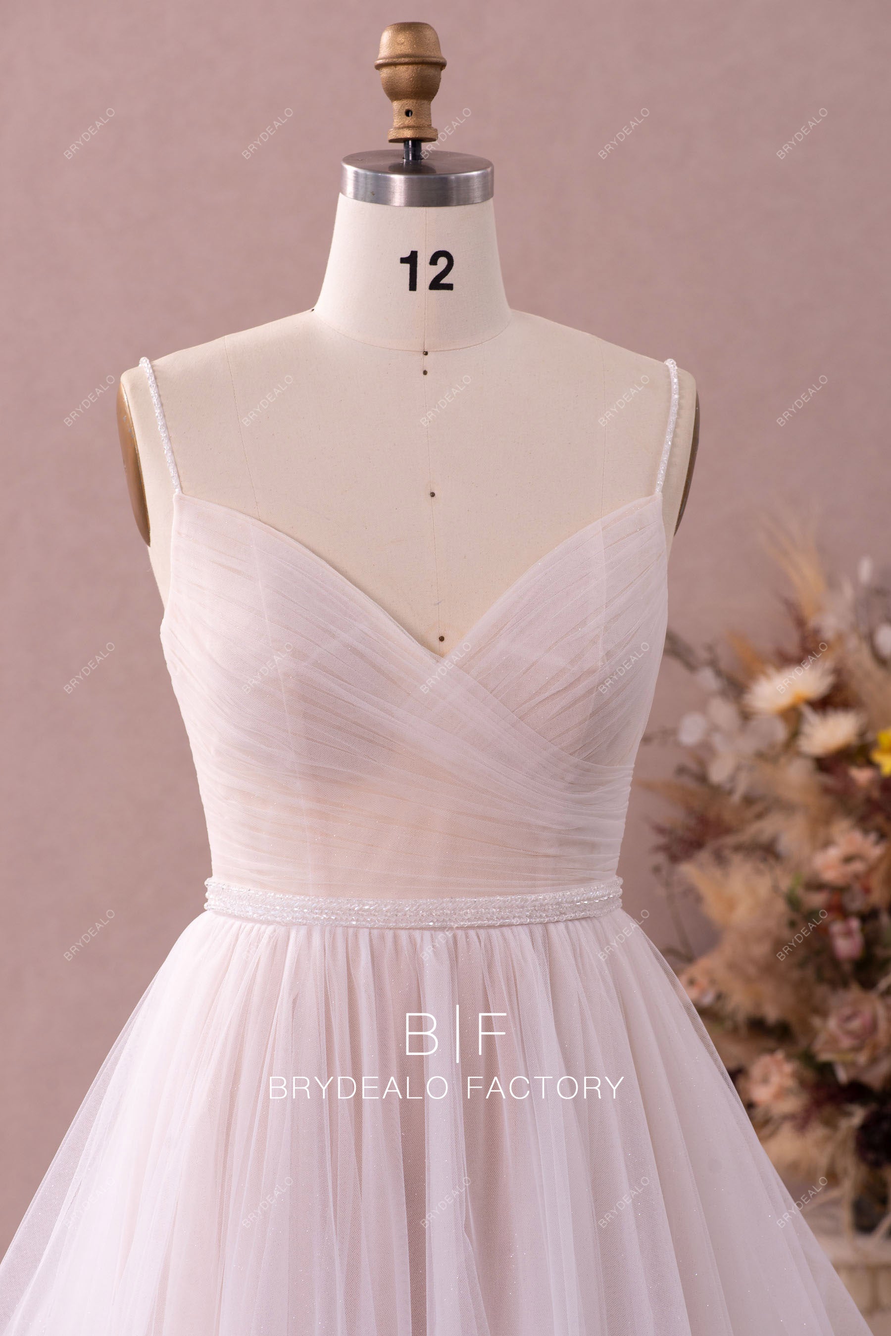 beaded straps pleated v-neck bridal gown
