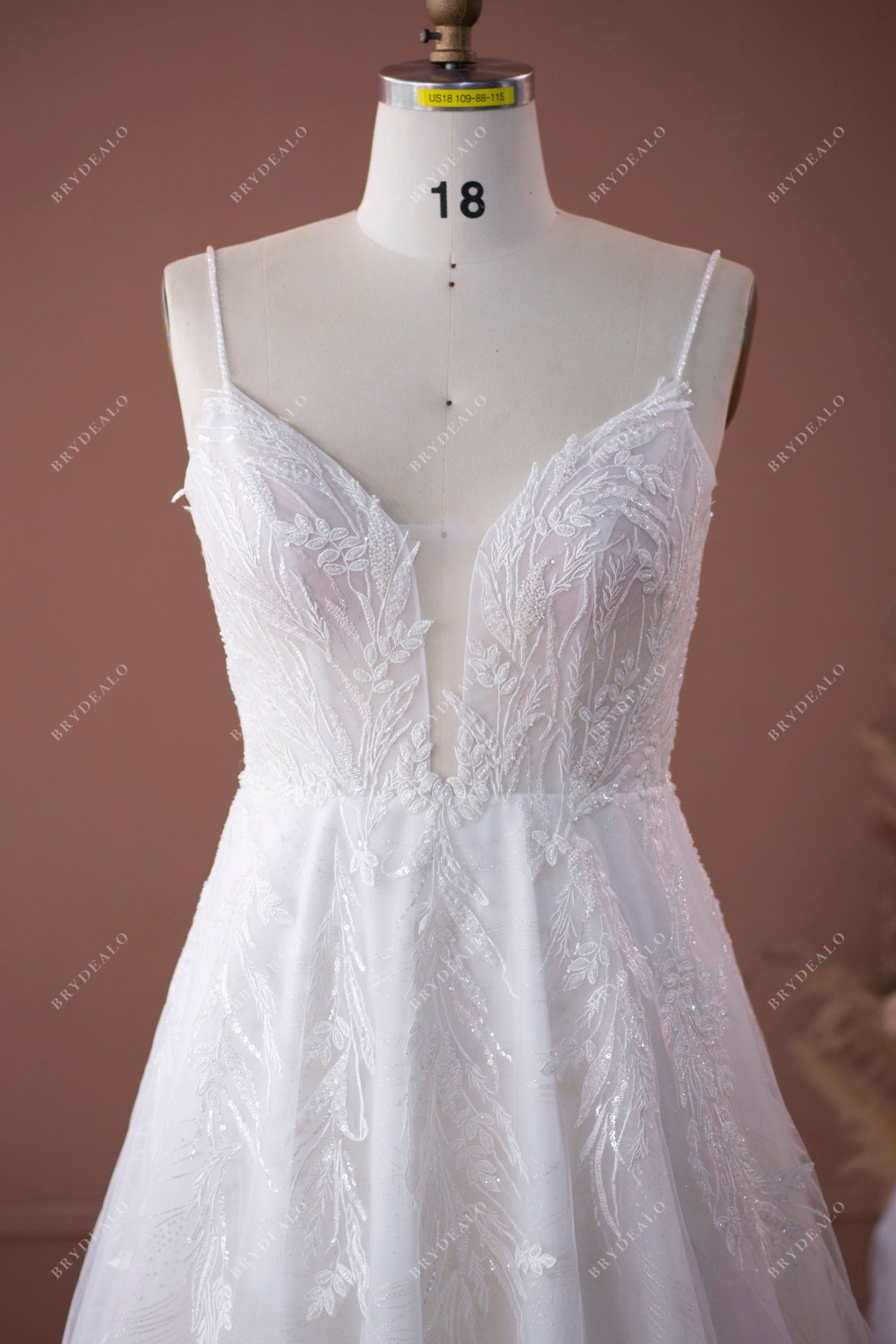 beaded straps plunging lace wedding dress