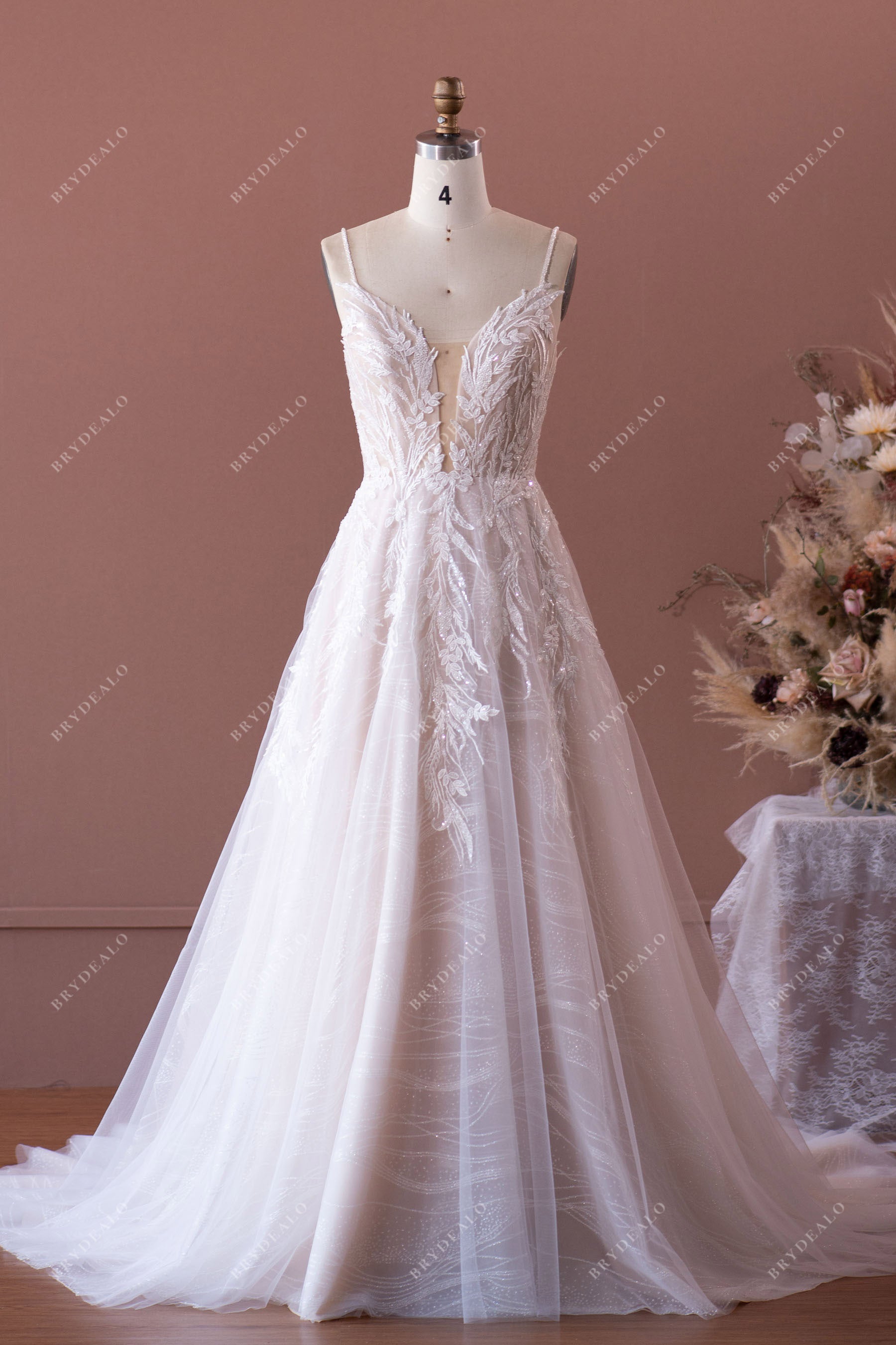 Beaded Strap Plunging Shimmery Lace A Line Wedding Dress Nude Pink