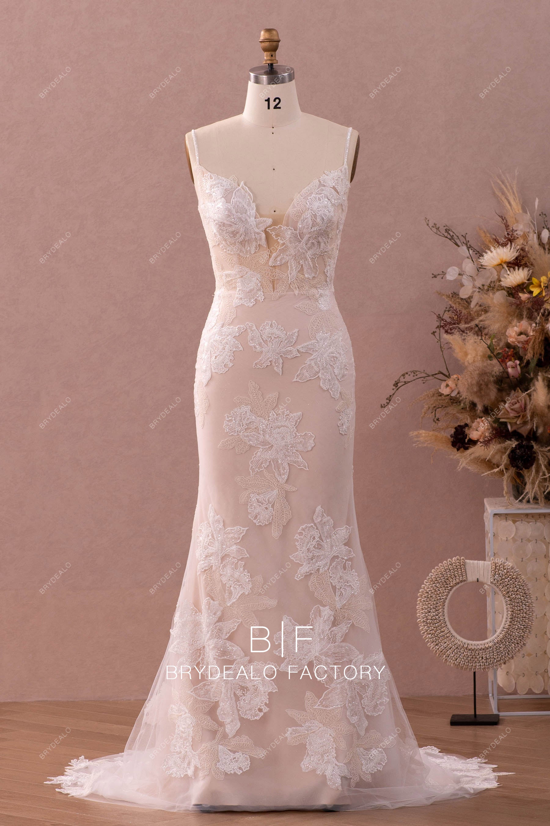 beaded straps plunging mermaid bridal gown