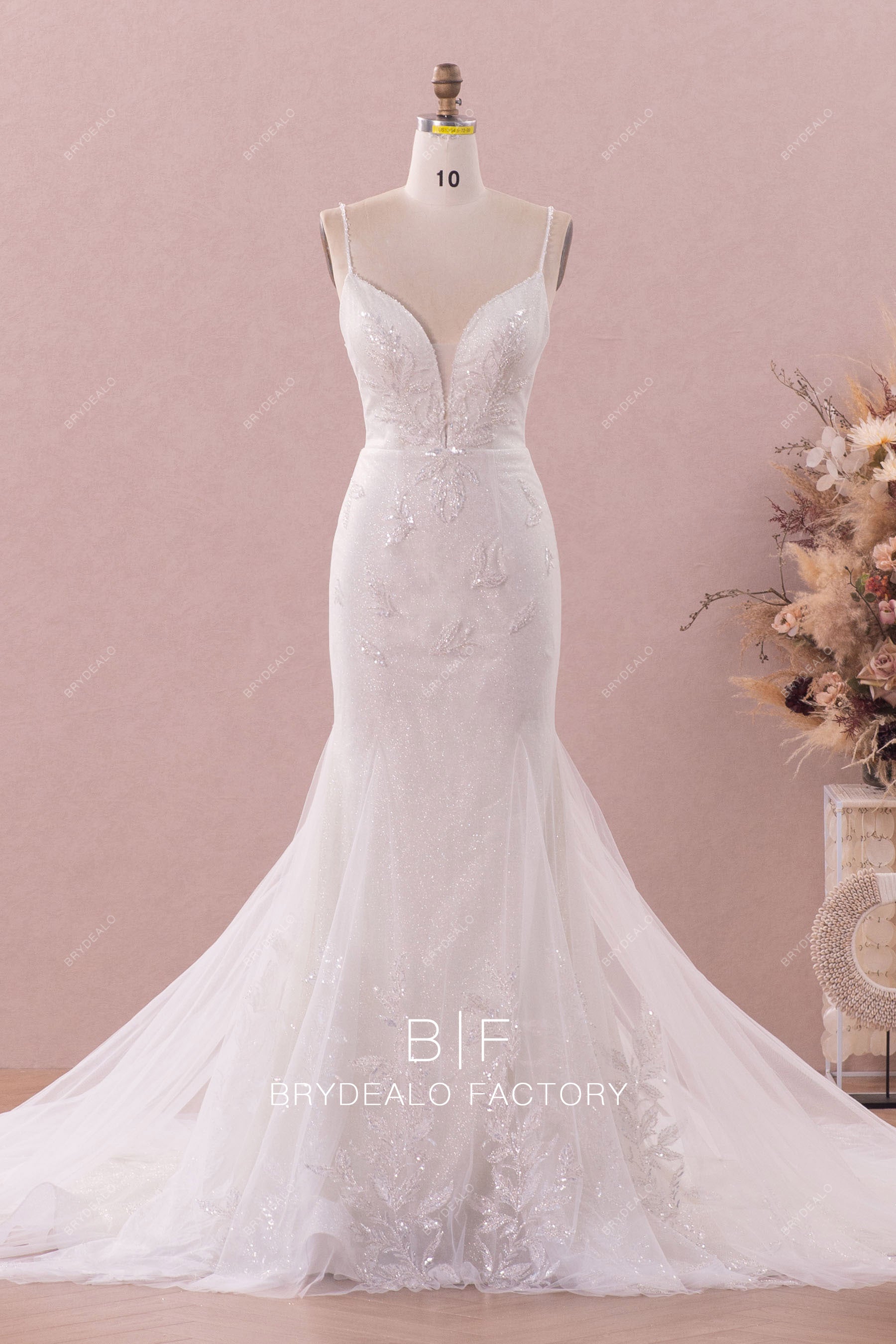 beaded straps plunging mermaid wedding gown