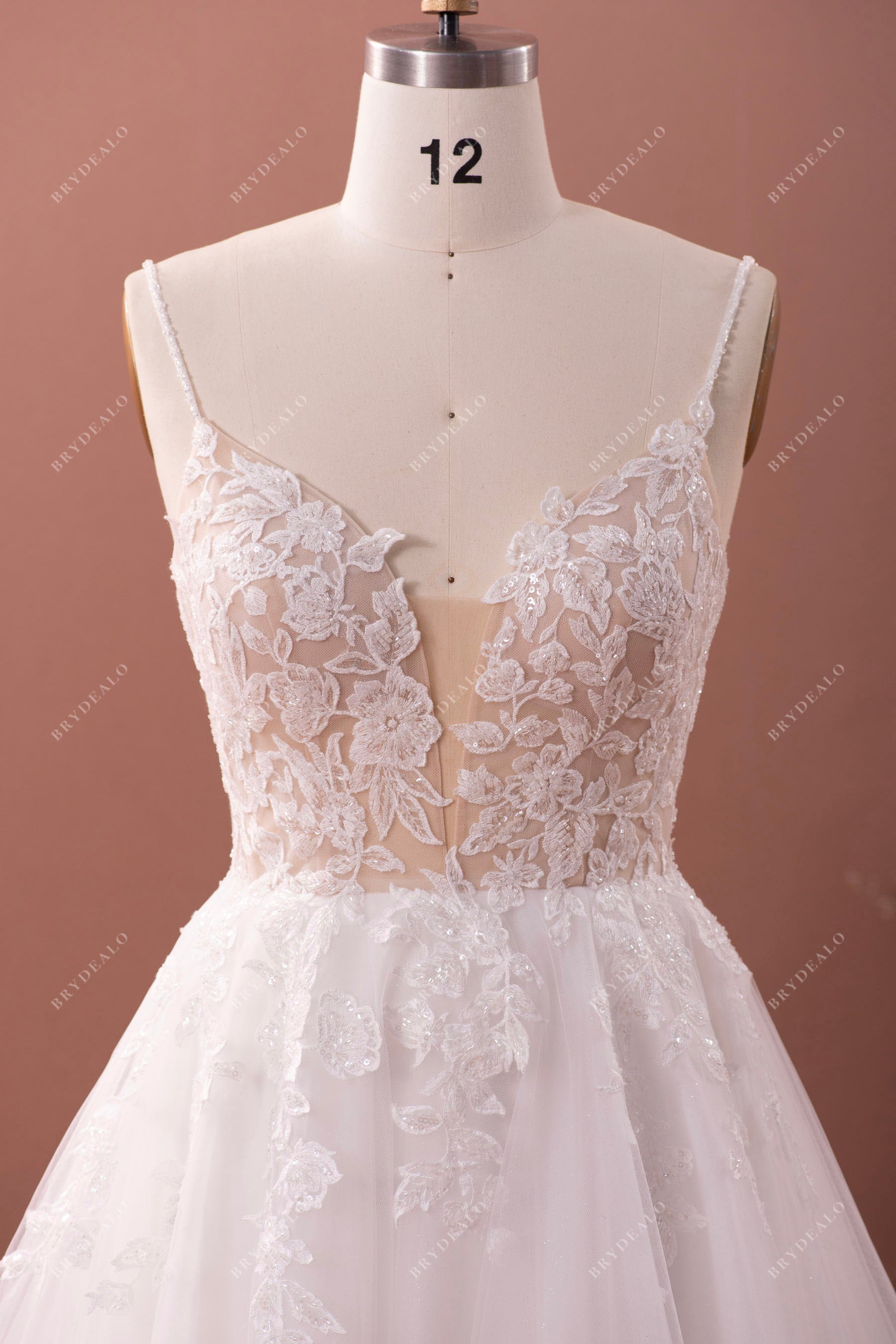 beaded thin straps lace bridal gown