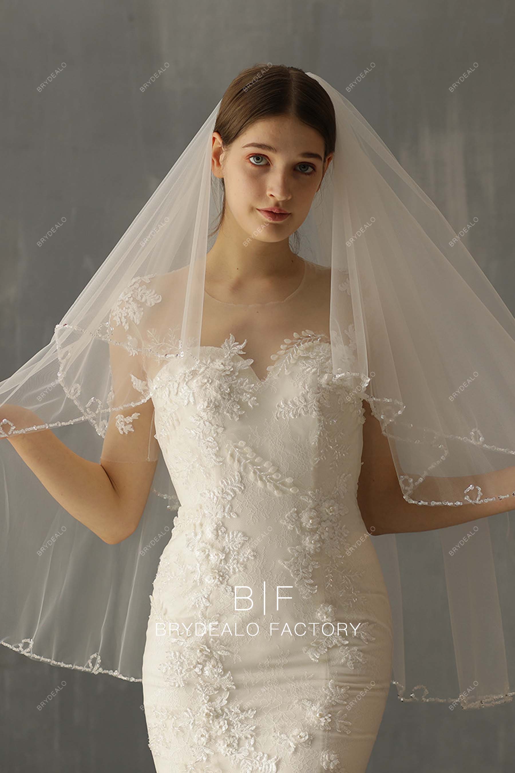 Beaded Two-tiered Fingertip Length Wedding Veil