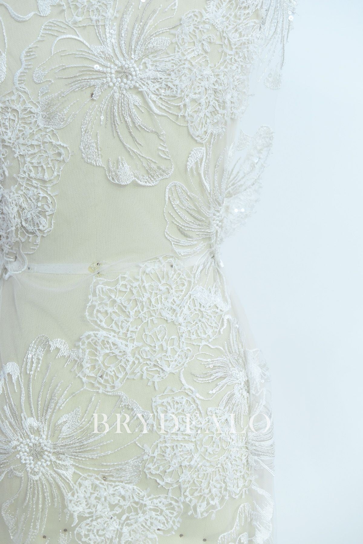 Shimmery Sequined 3D Flower Bridal Lace Fabric