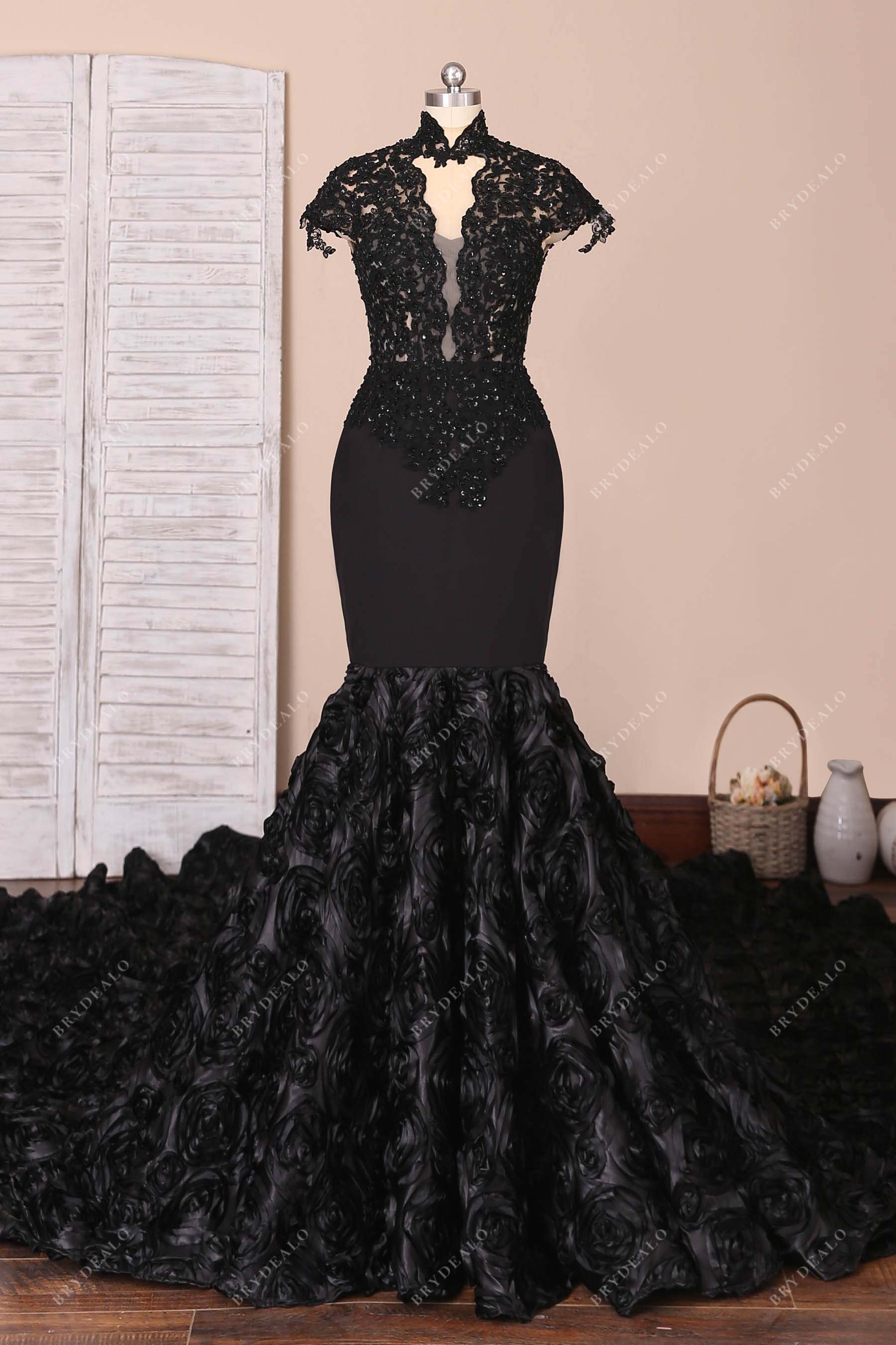 black 3D roses mermaid beaded lace prom gown