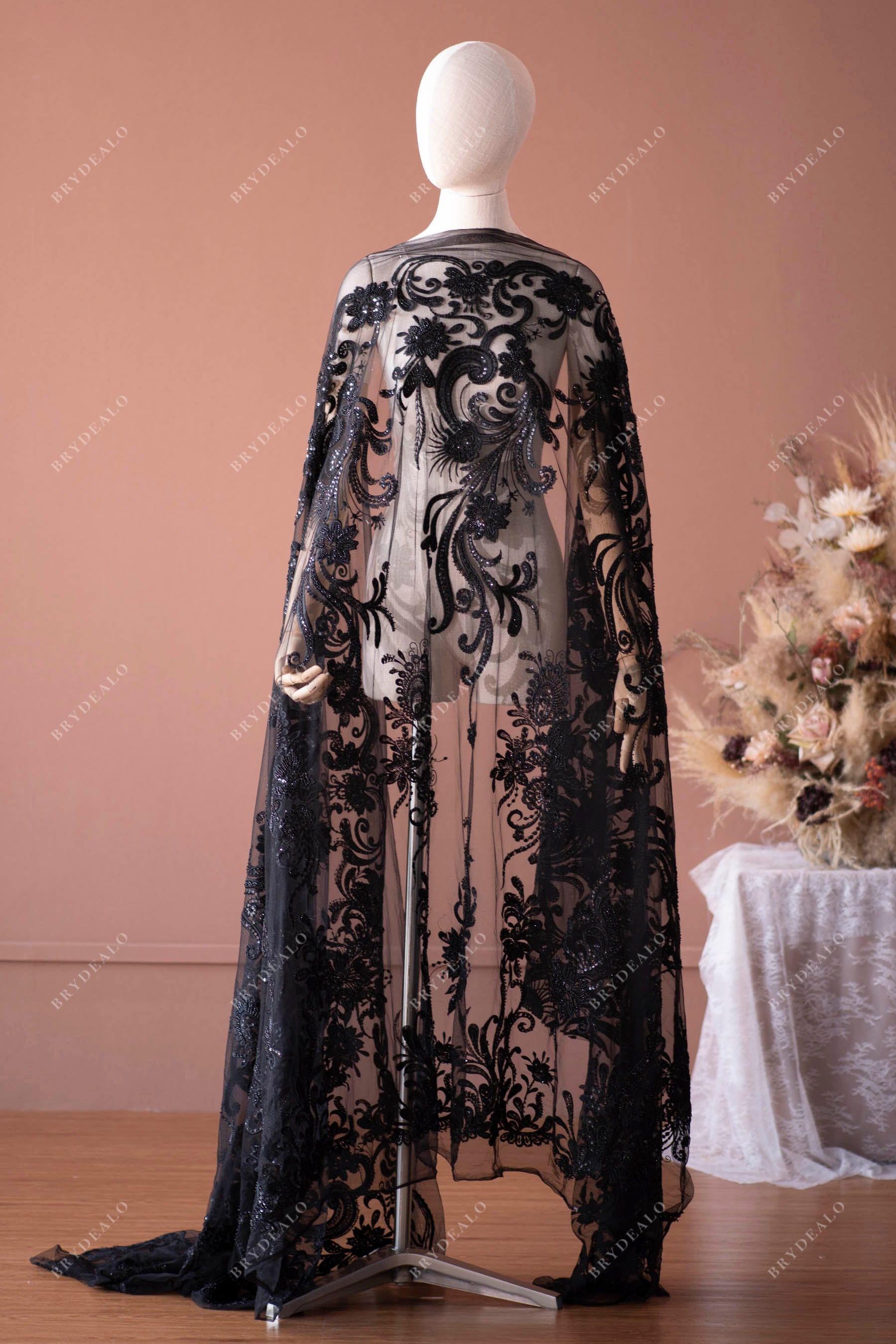 black beaded embroidery botanic lace fabric