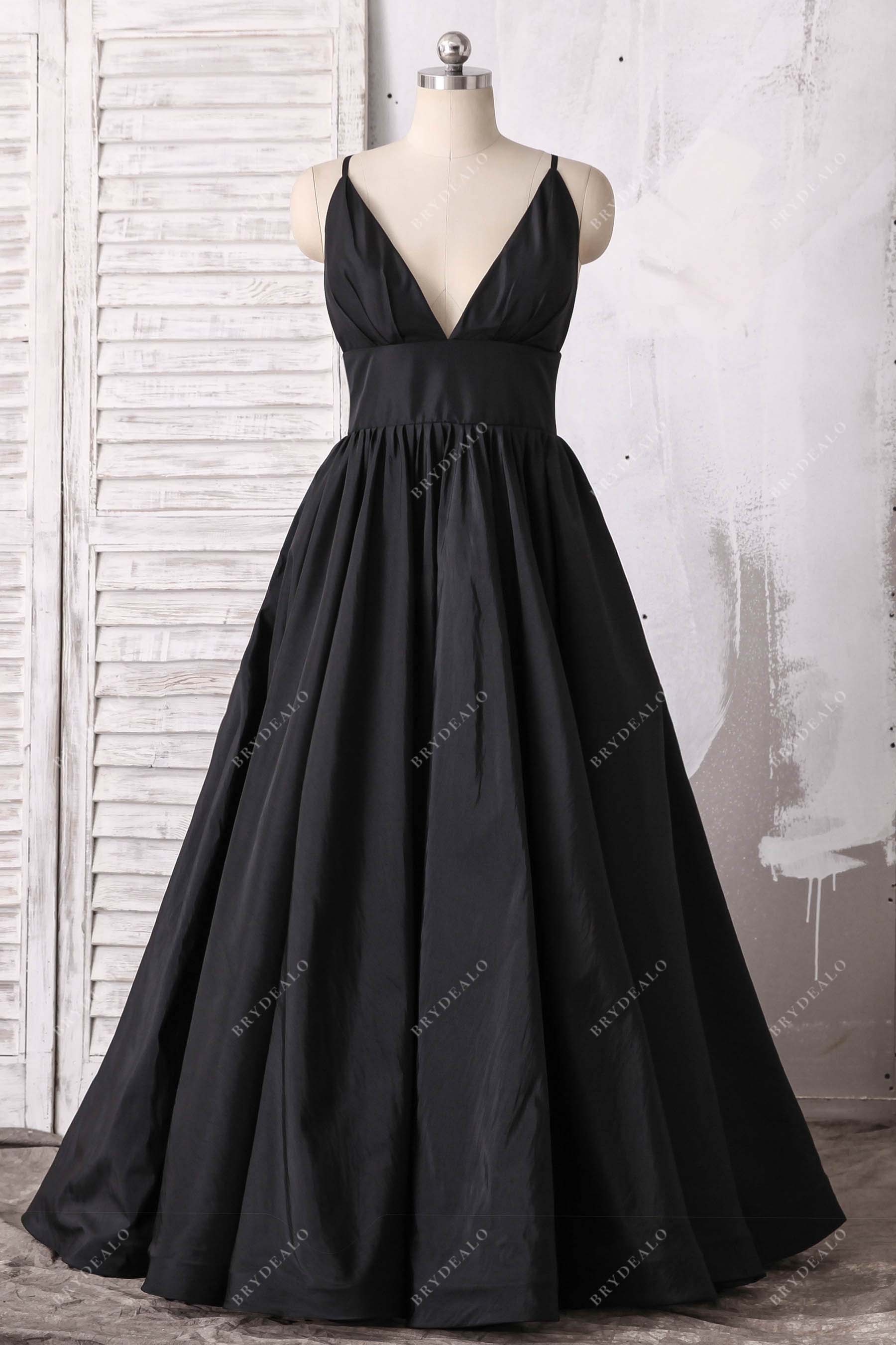 black empire waist V-neck prom gown