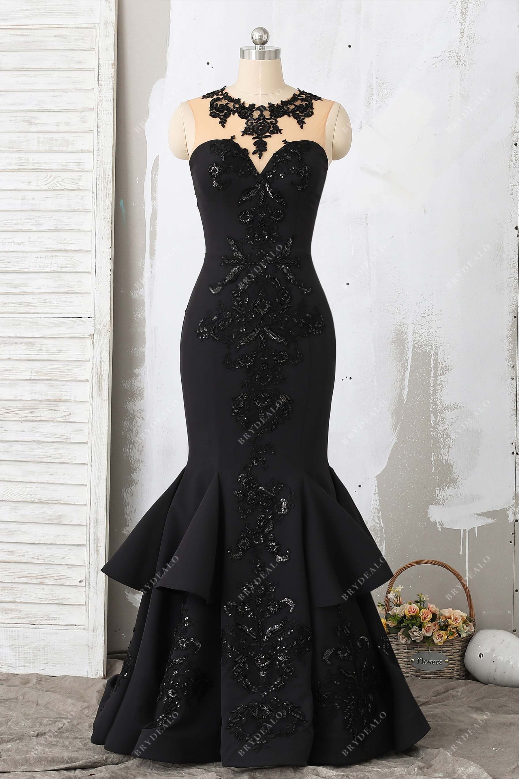 black illusion neck appliqued trumpet prom dress