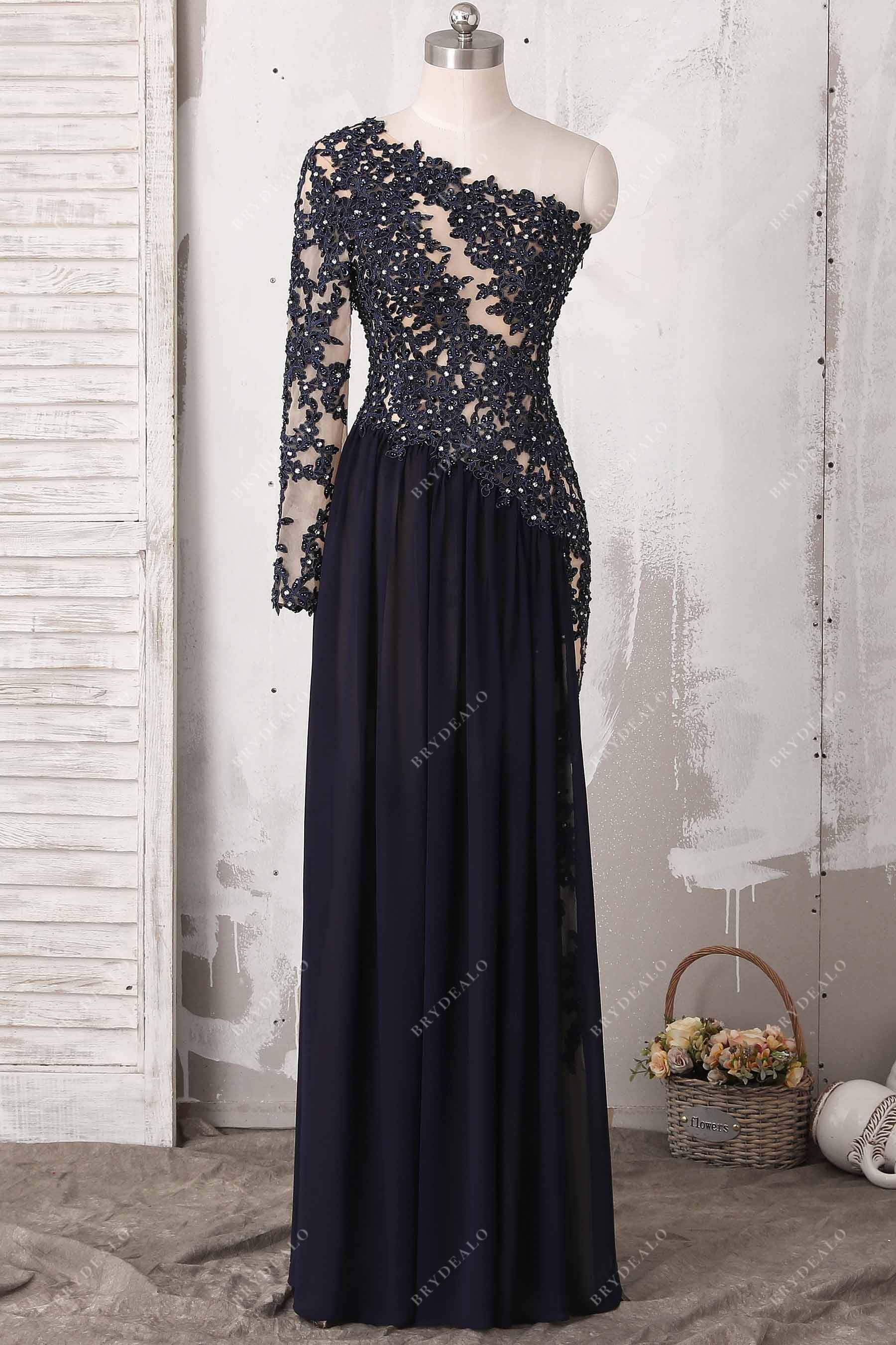 Dark Navy Lace Chiffon One Sleeve A-line Prom Dress Dark Navy Lace Chiffon One Sleeve A-line Prom Dress