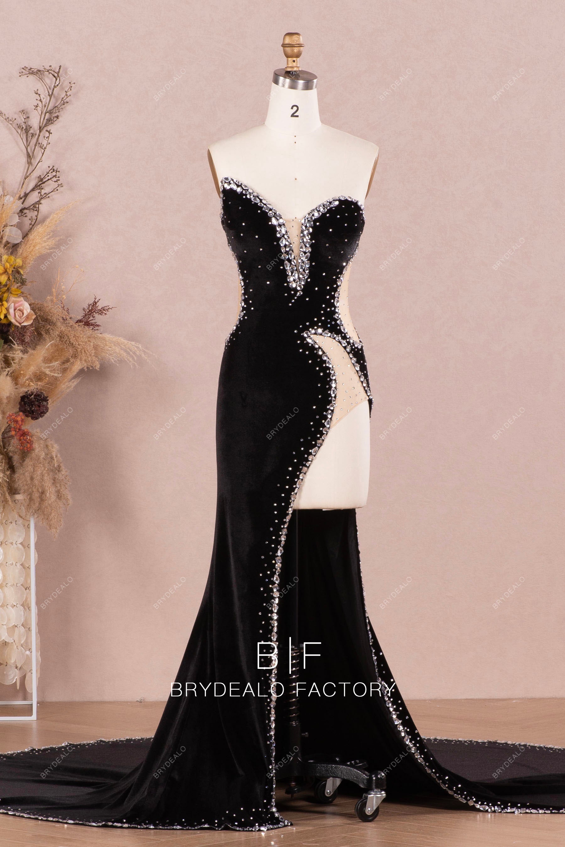black plunging rhinestone velvet prom dress