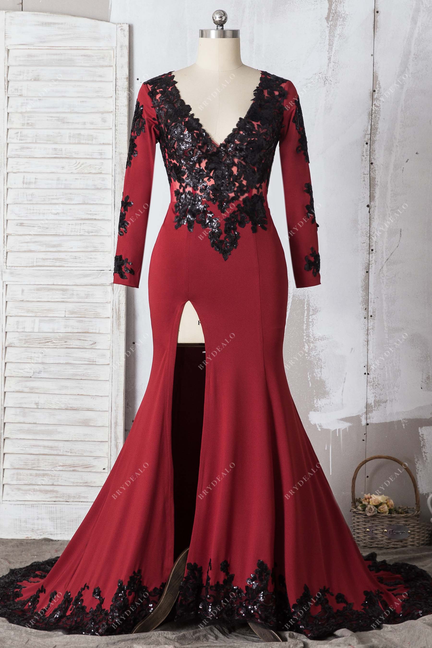 Burgundy Jersey with Black Sequin Slit Prom Dress Burgundy Jersey with Black Sequin Slit Prom Dress