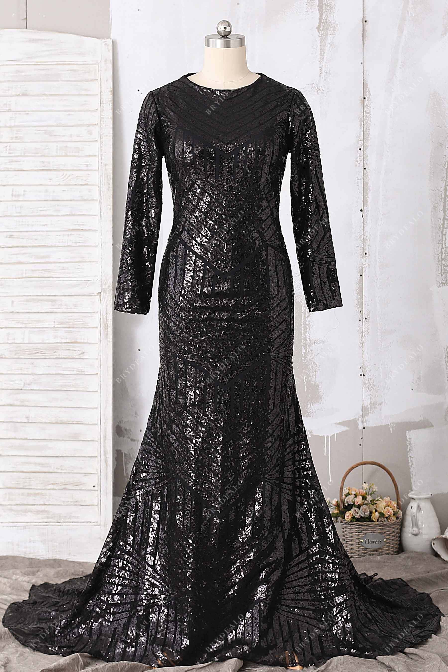Demure Black Sequin Long Sleeve Mermaid Prom Gown Demure Black Sequin Long Sleeve Mermaid Prom Gown