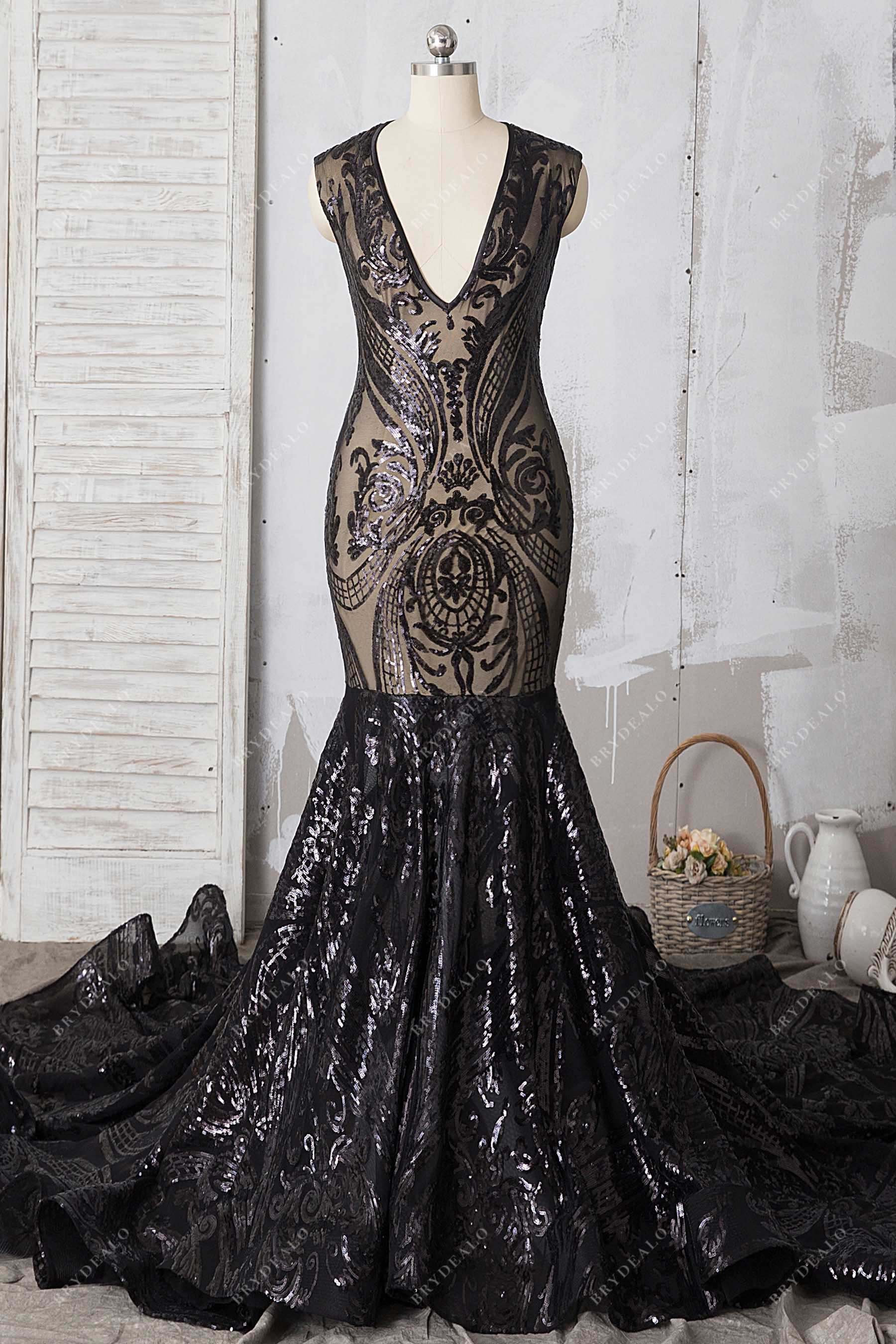 Black Unique Sequin Mermaid Long Train Prom Dress Black Unique Sequin Mermaid Long Train Prom Dress