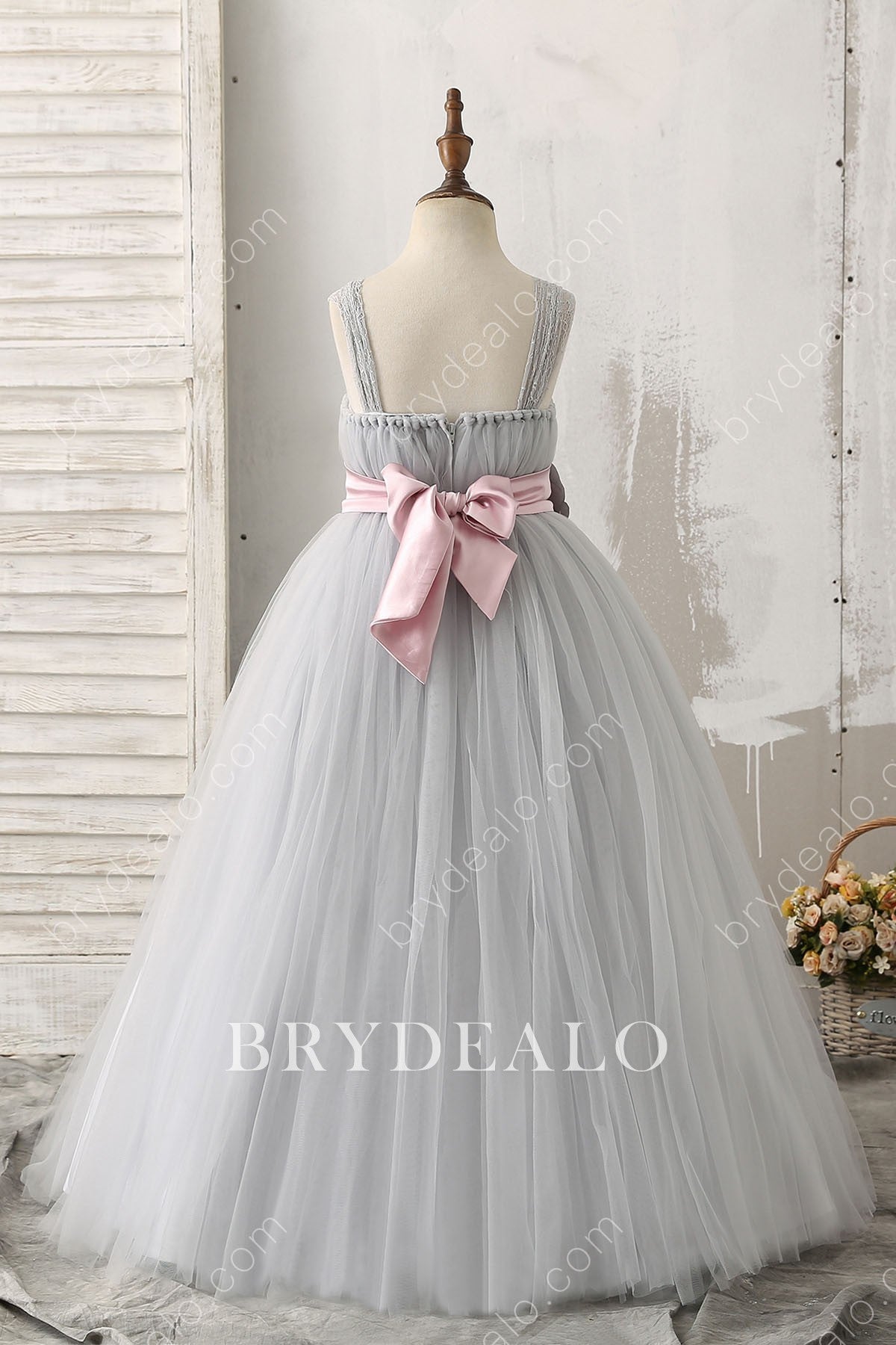 Grey Tulle Floor Length Flower Girl Dress