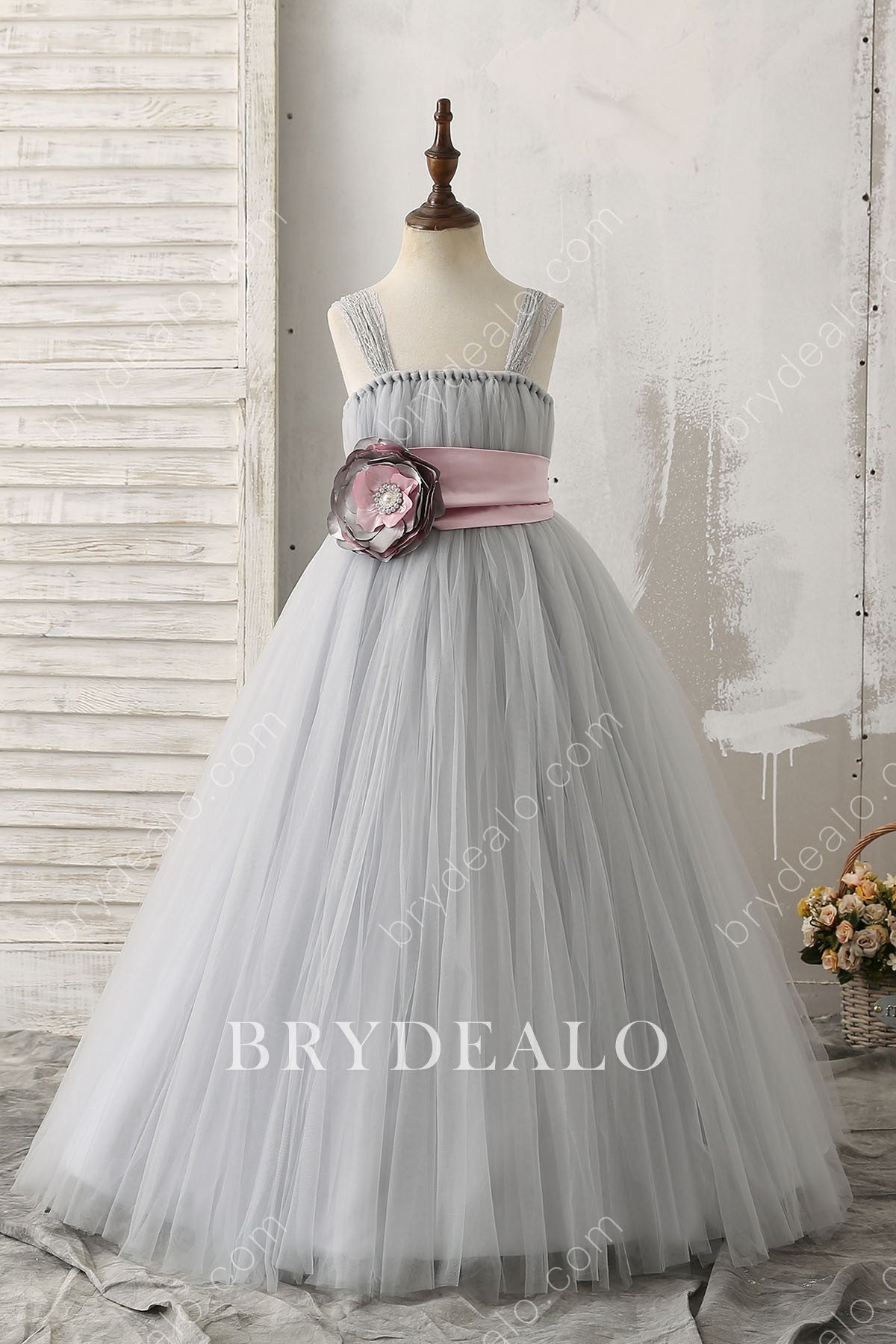 Bloom Grey Tulle Floor Length Flower Girl Dress