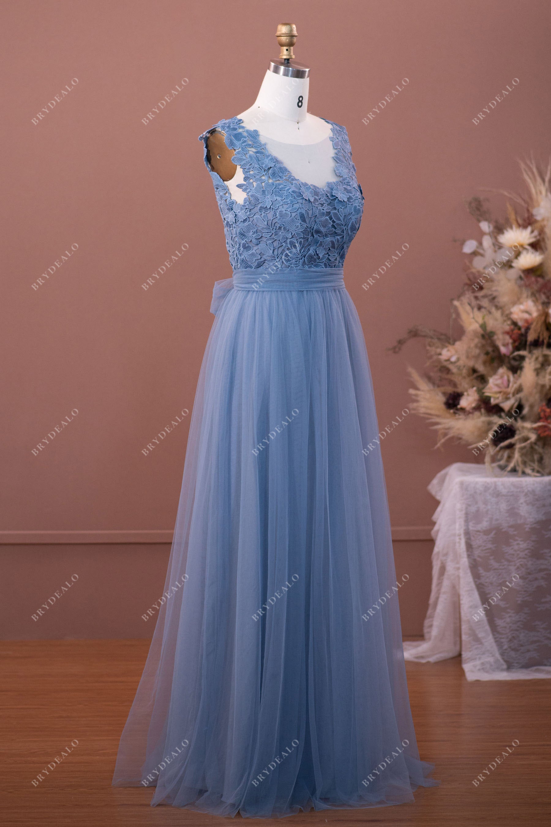 Dusty Blue Lace Tulle Illusion Neck A-line Bridesmaid Dress