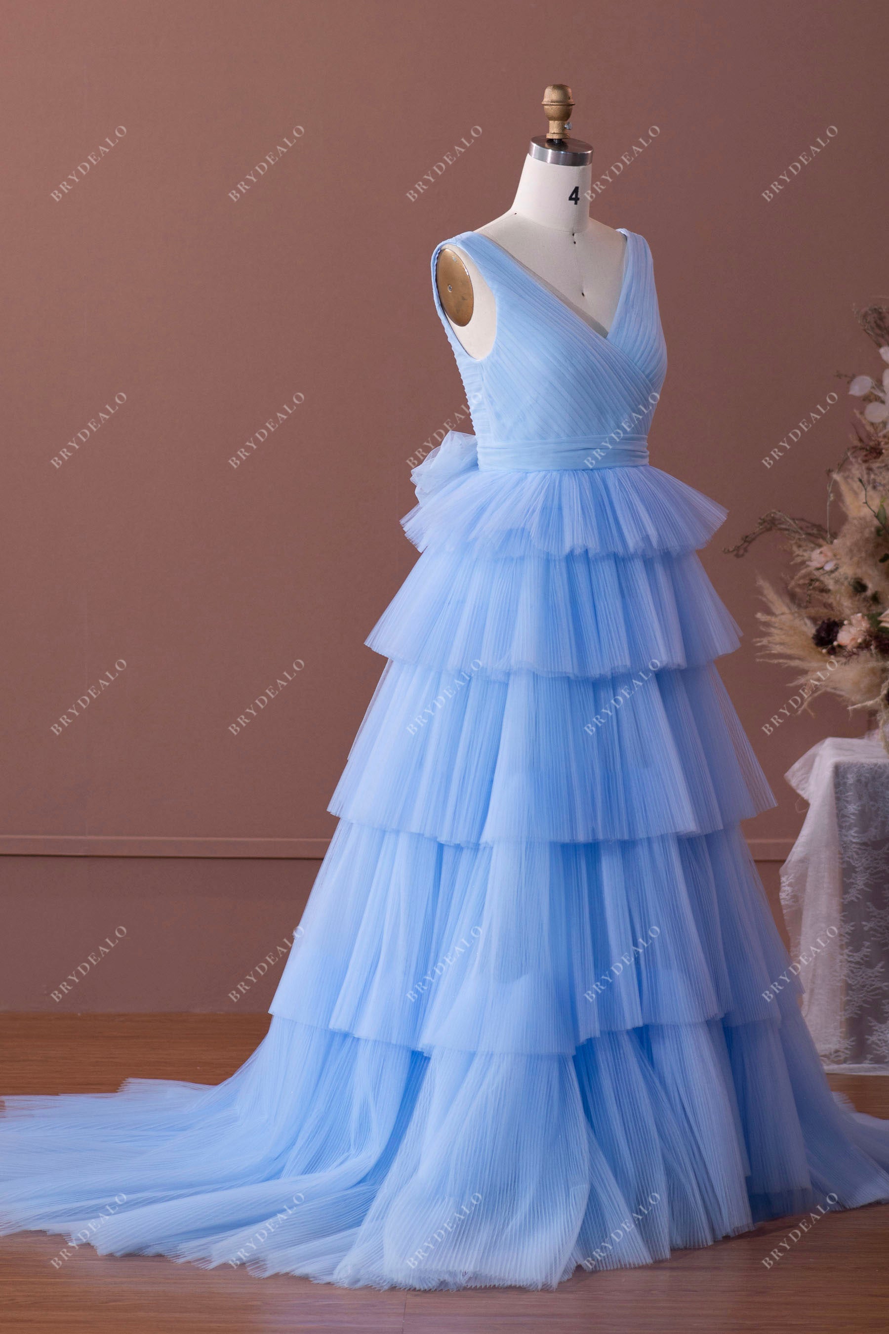 blue pleated tiered tulle prom formal gown