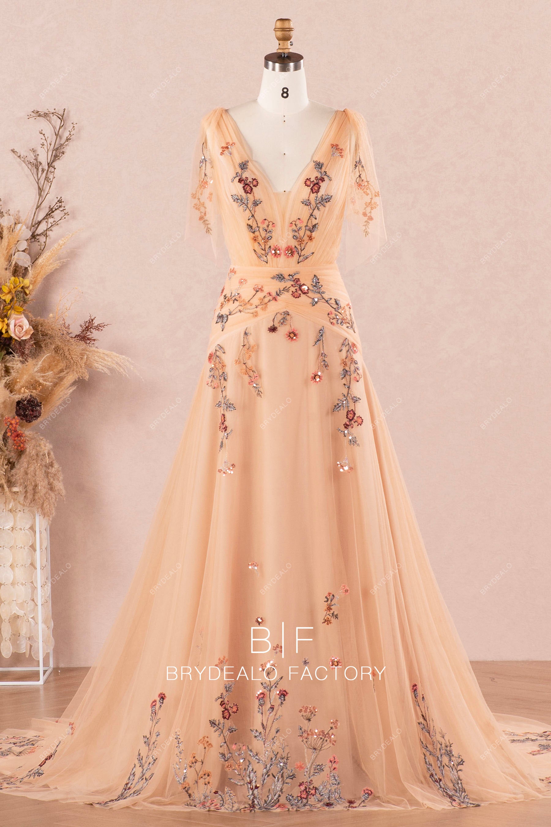 boho plunging embroidery flower lace wedding dress