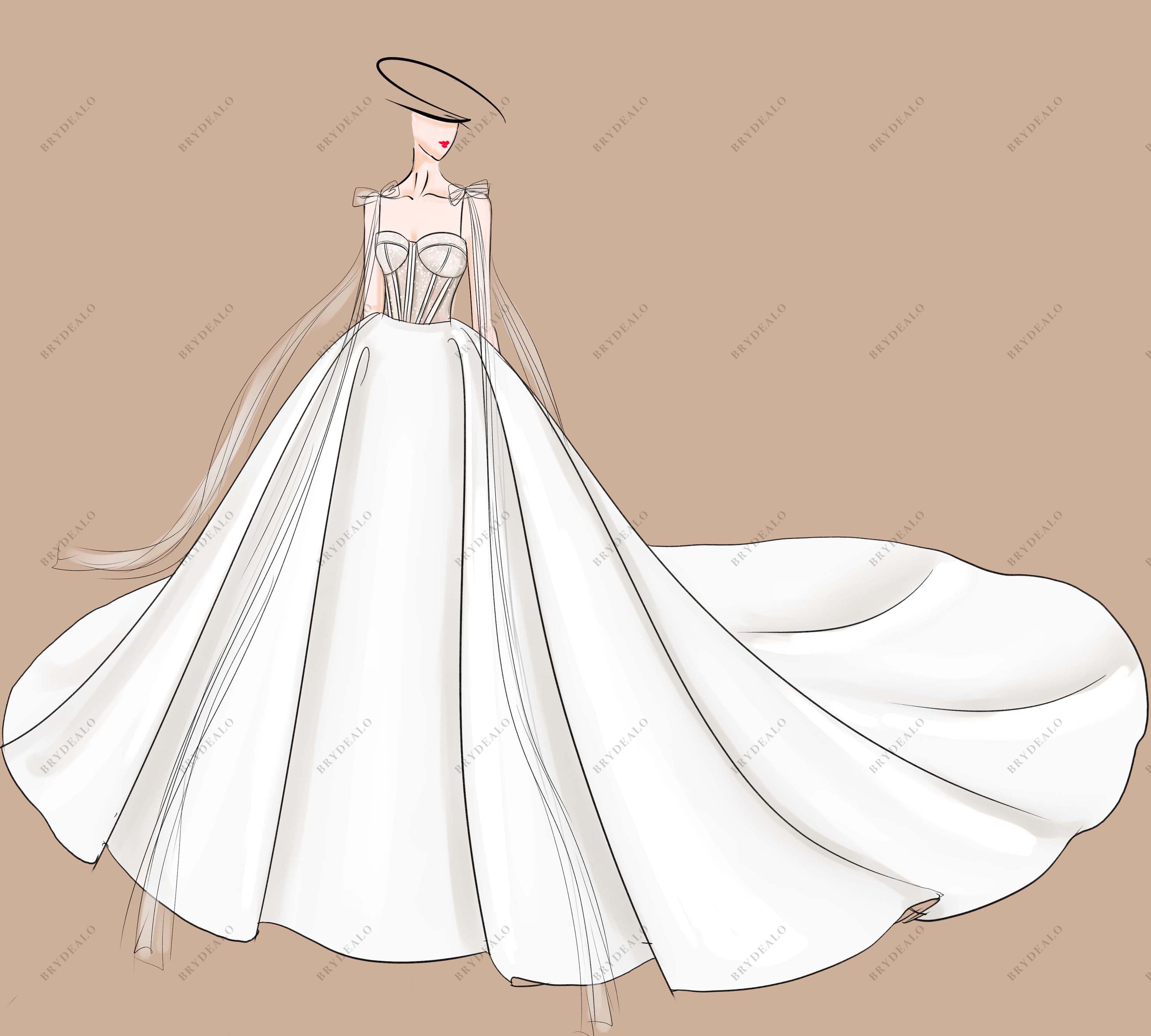 Satin Ball Gown Corset Spaghetti Straps Bridal Dress Sketch
