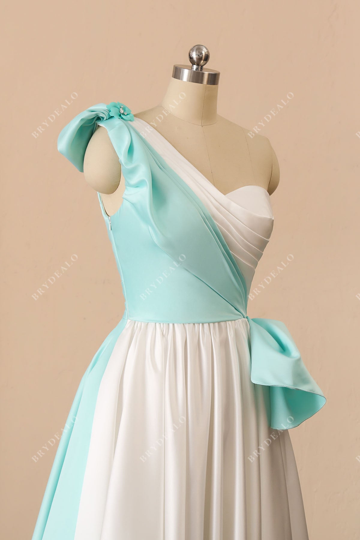 bow shoulder strap asymmetrical neck satin bridal dress