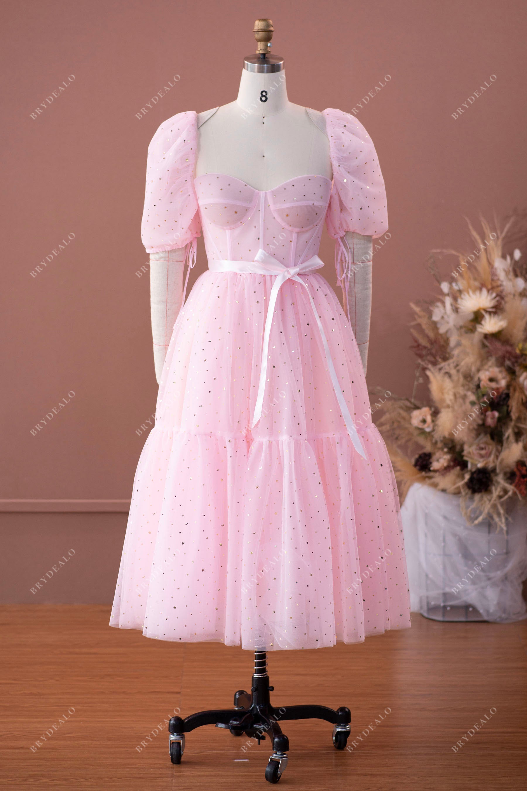 Gold Stars Pink Bubble Sleeve Corset Tea Length Prom Dress Gold Stars Pink Bubble Sleeve Corset Tea Length Prom Dress