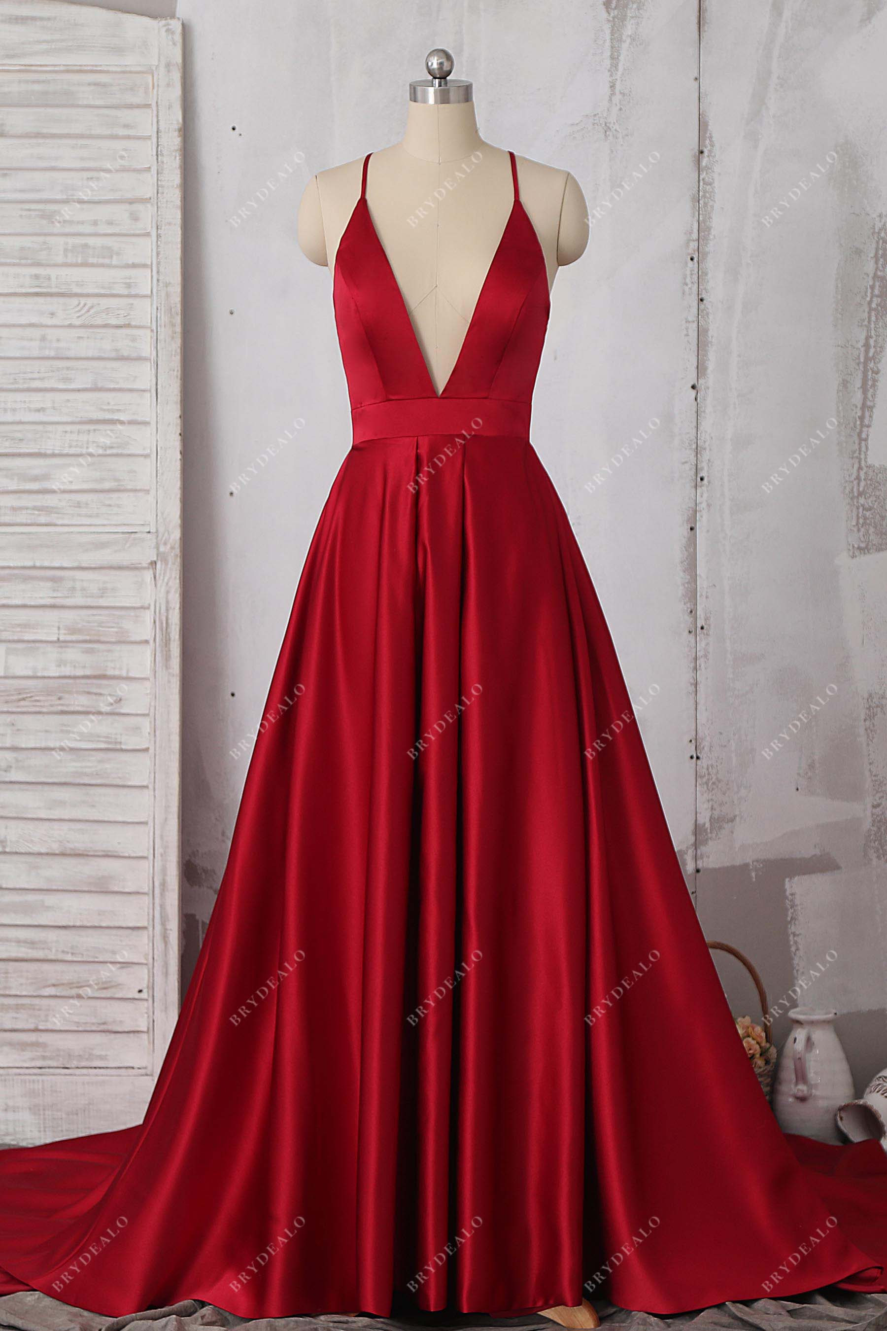 Ruby Satin Plunging Criss Cross A-line Prom Dress Ruby Satin Plunging Criss Cross A-line Prom Dress