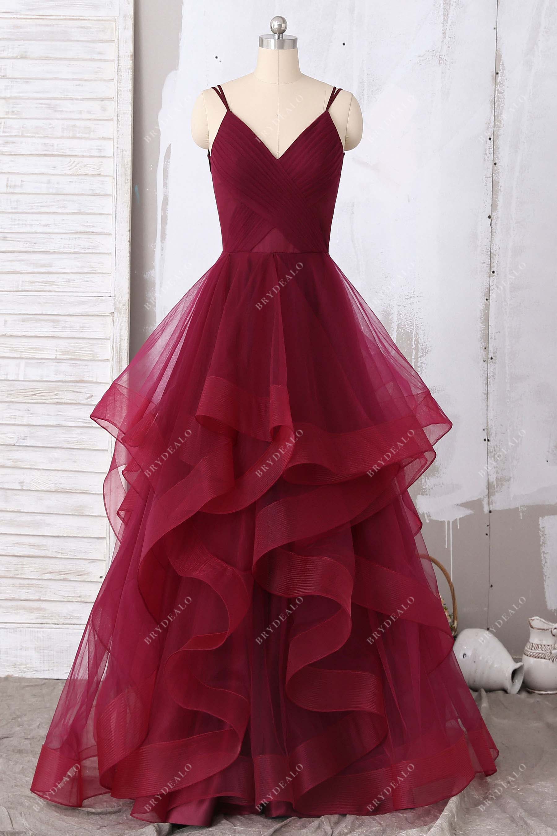 blue dress for baby girl Flounced Burgundy Tulle V-Neck Formal Gown
