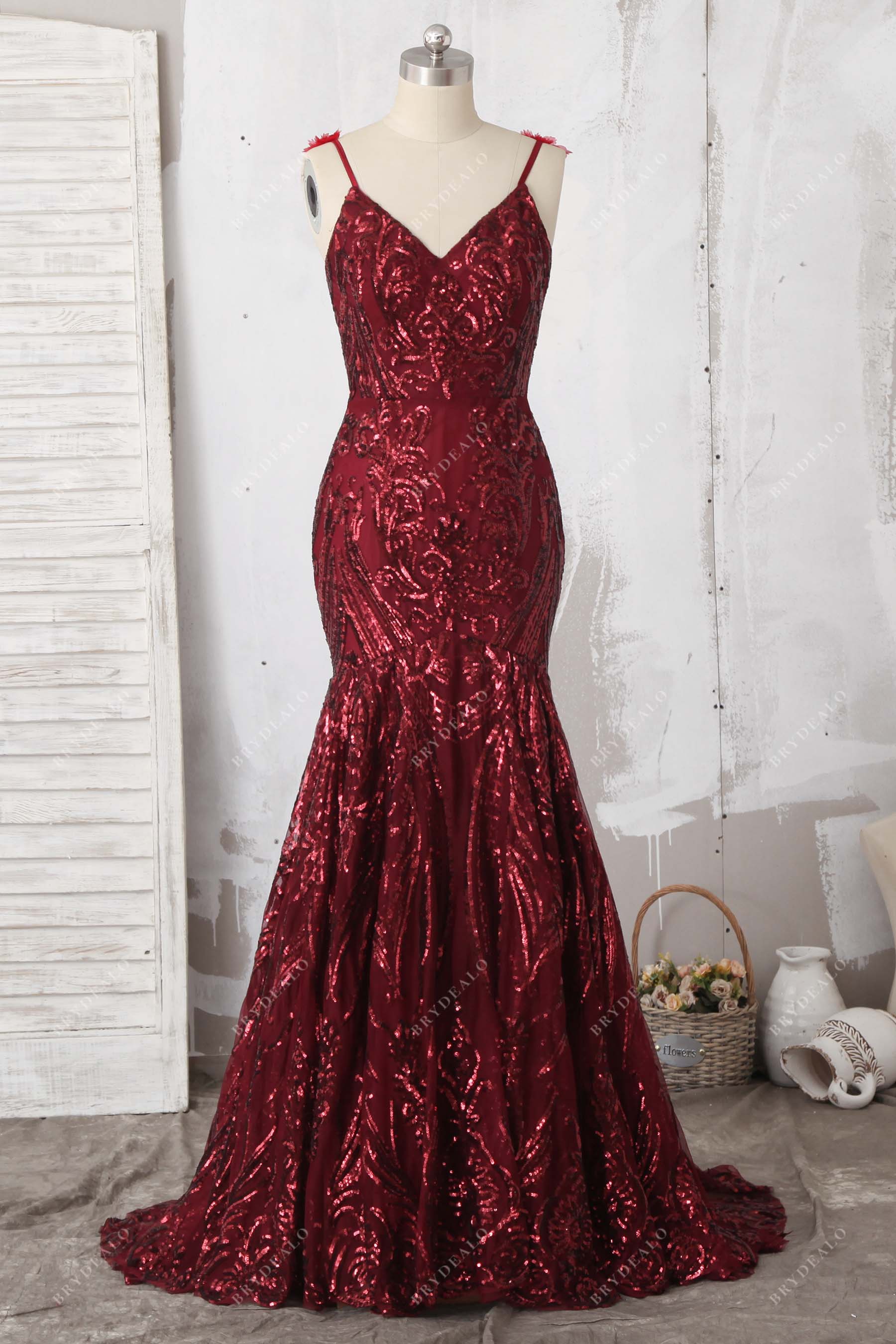 burgundy unique sequin mermaid V-neck prom dress