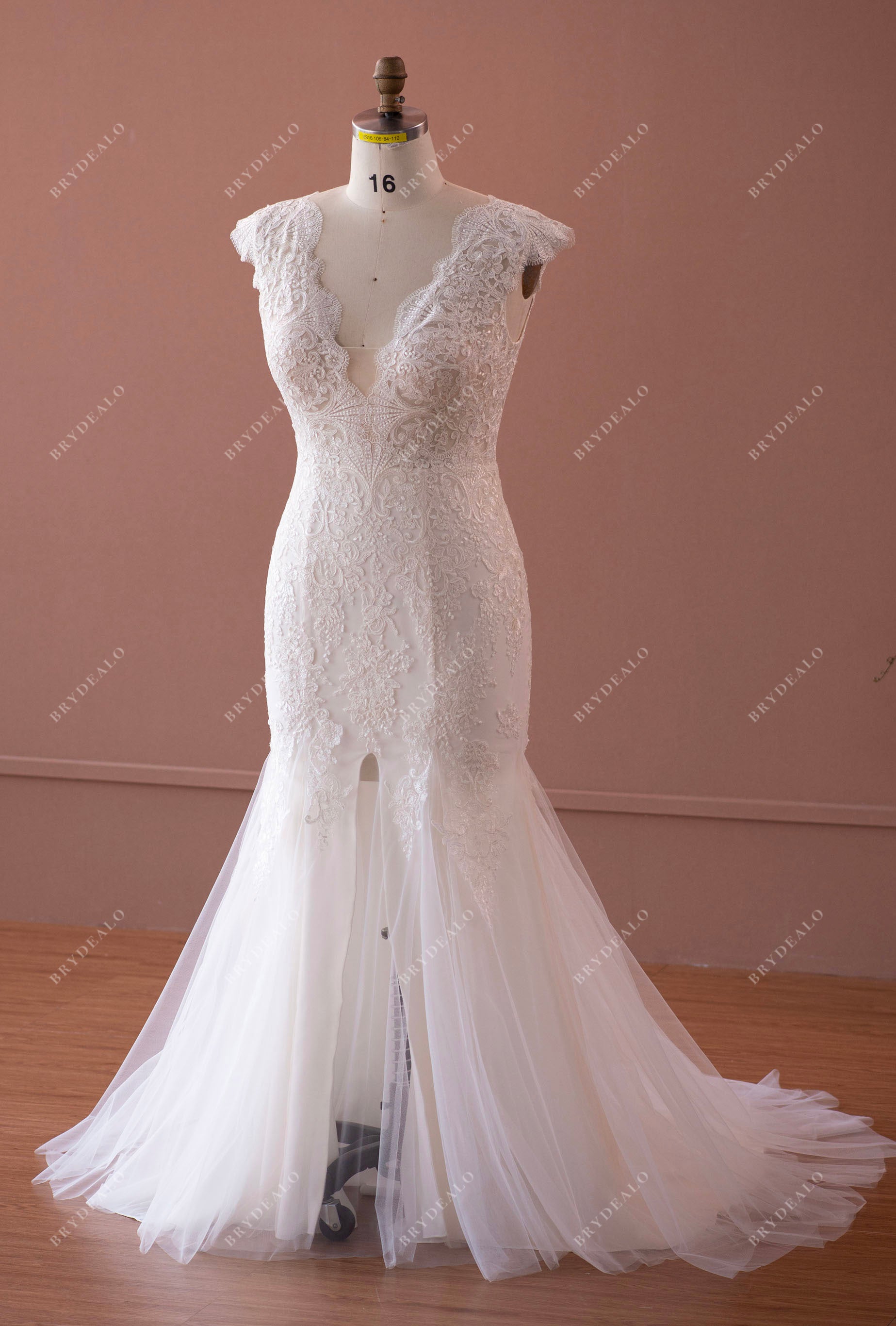 cap sleeve plunging lace mermaid wedding dress
