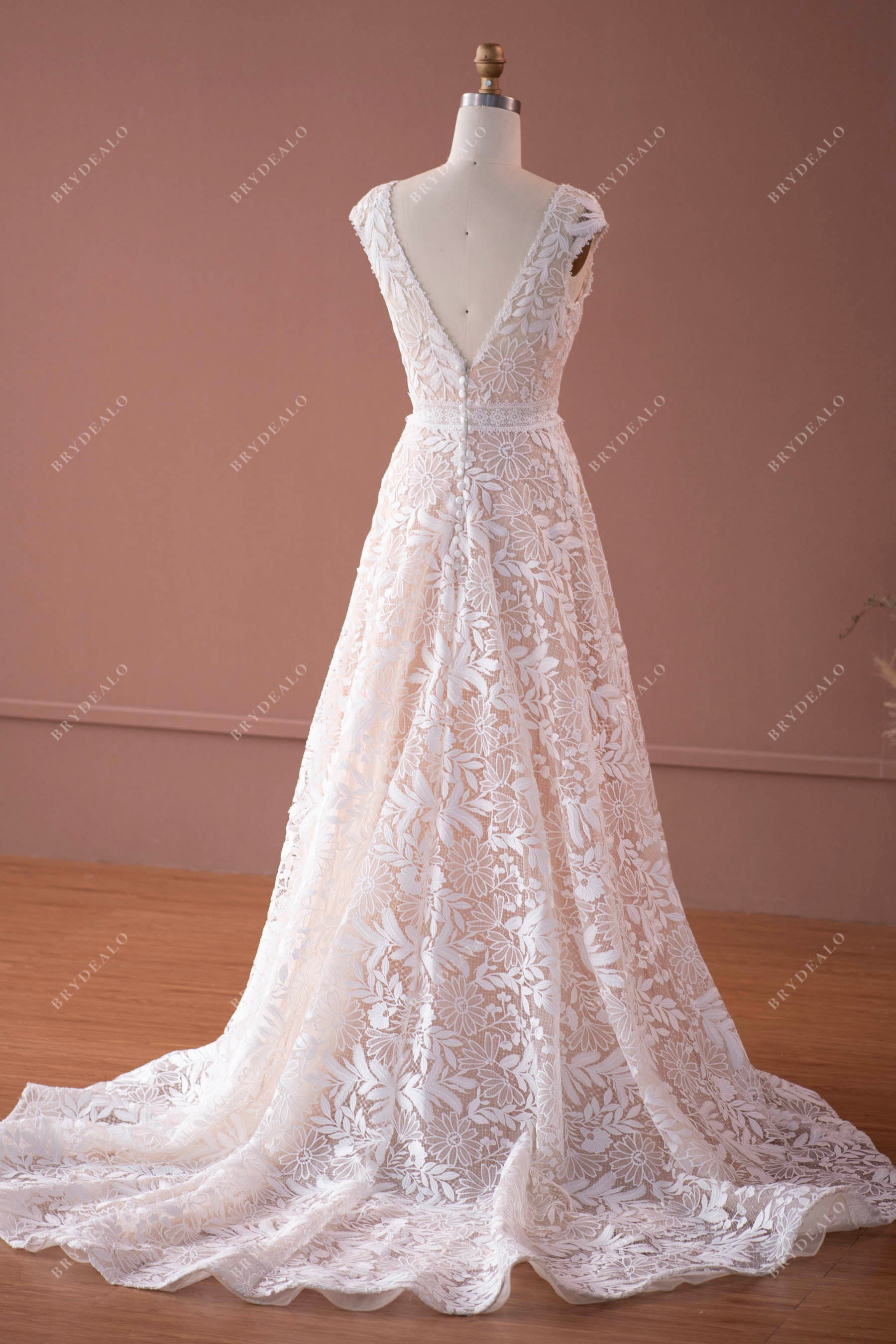 cap sleeve v-cut back lace a-line wedding dress